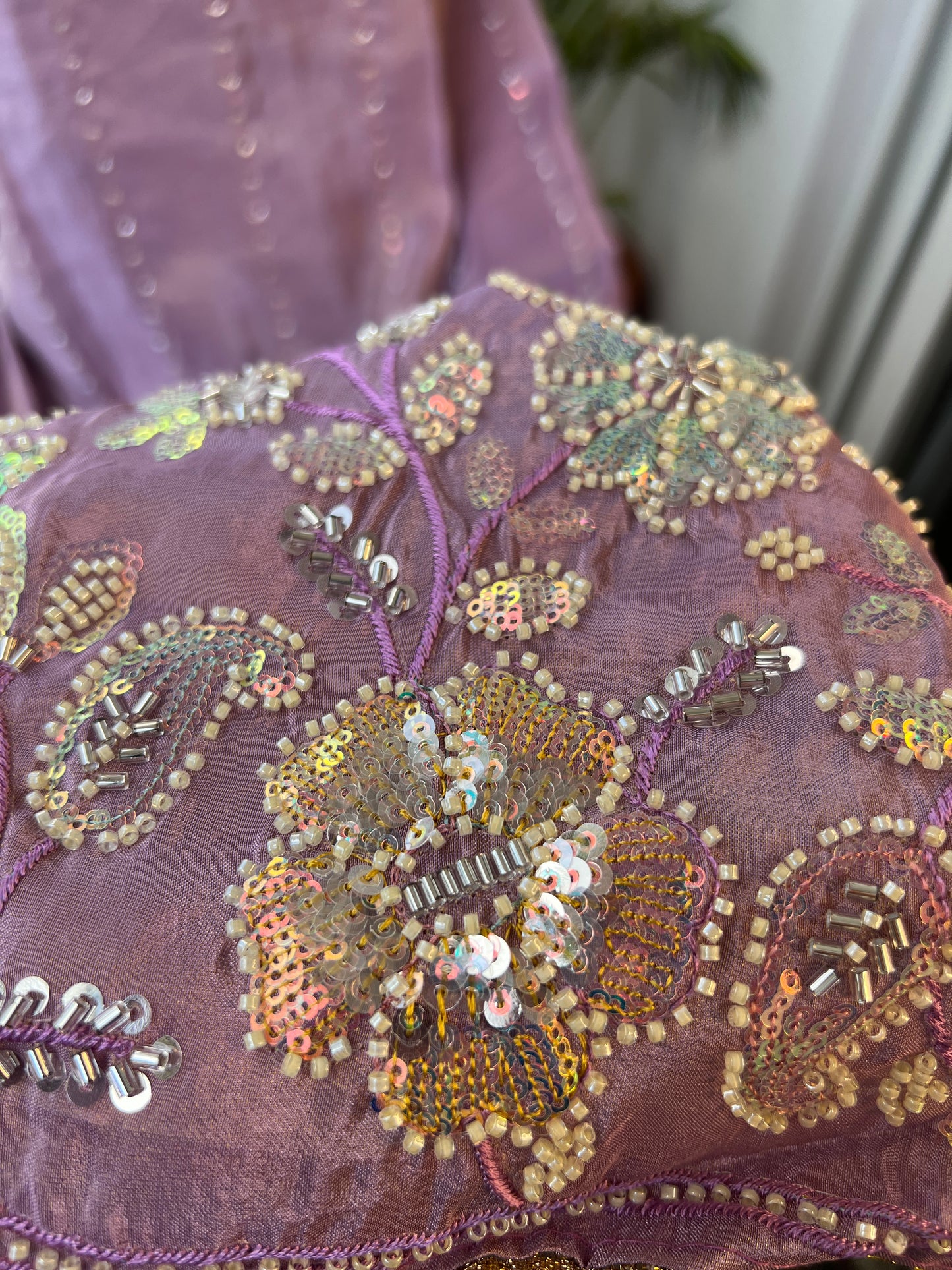 Shimmering Silk Elegance with Beaded Pearl Detailing