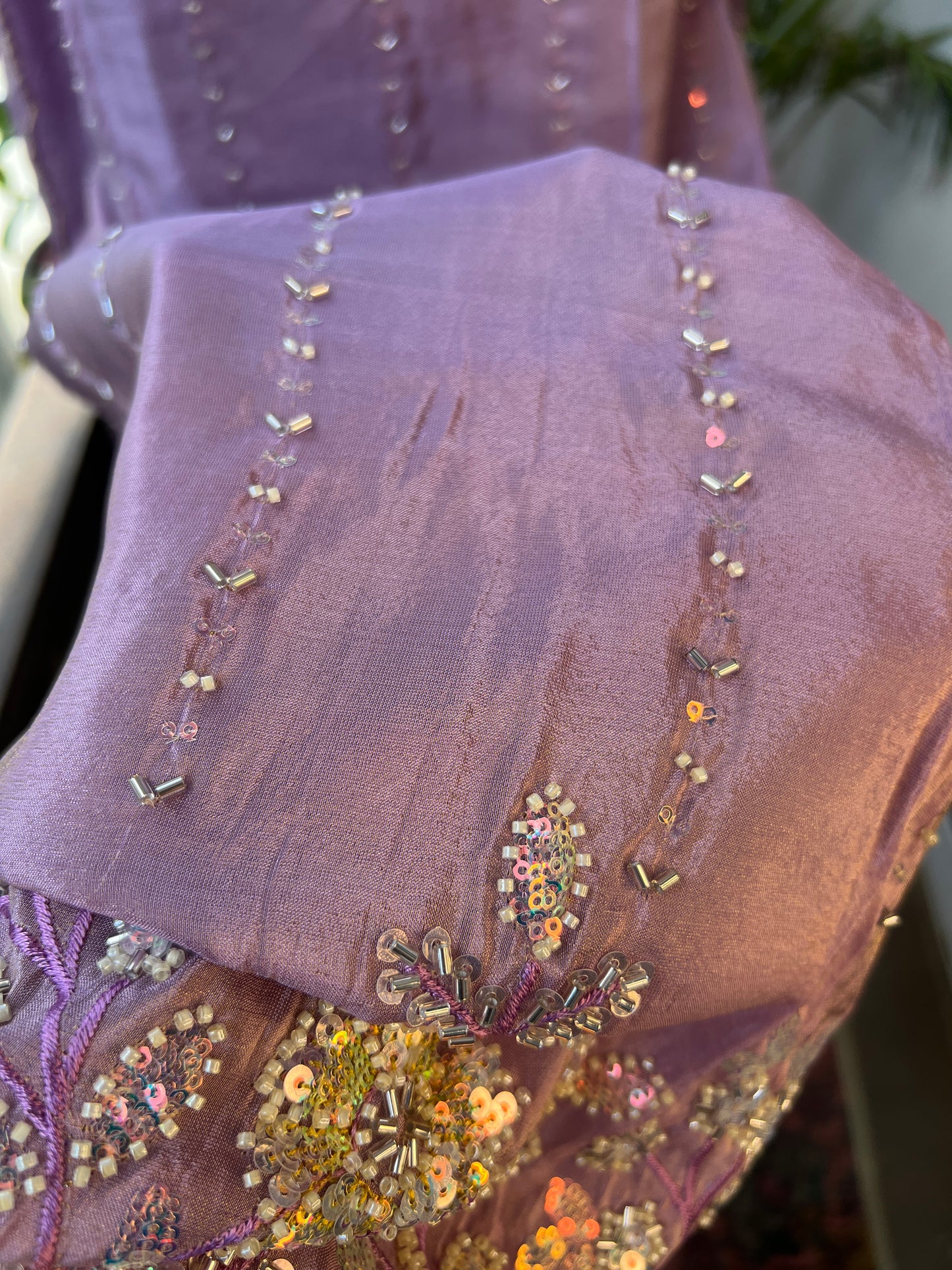 Shimmering Silk Elegance with Beaded Pearl Detailing