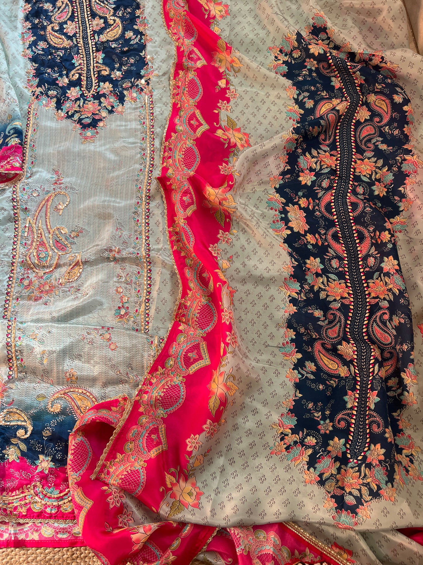 Pakistani-Inspired Russian Silk Semi-Stitched Suit with Gota Detailing