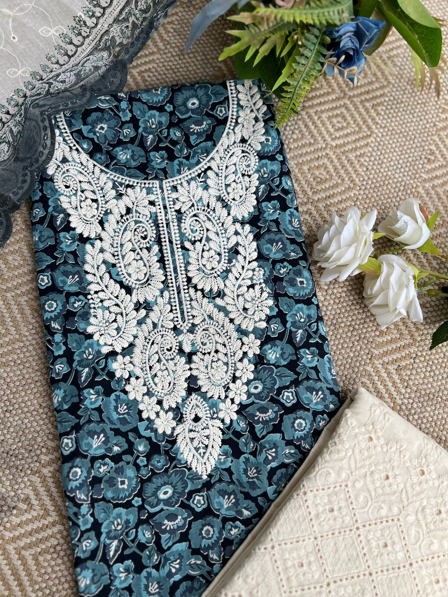 Midnight Teal Bloom in Pure Cotton with White Thread Embroidery