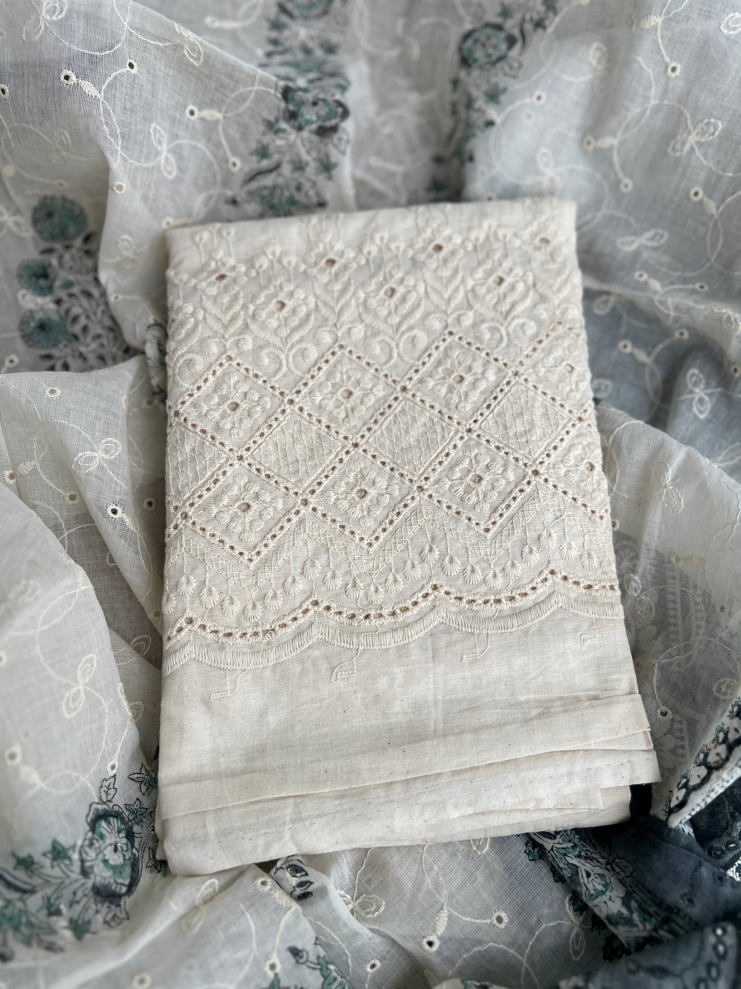 Midnight Teal Bloom in Pure Cotton with White Thread Embroidery