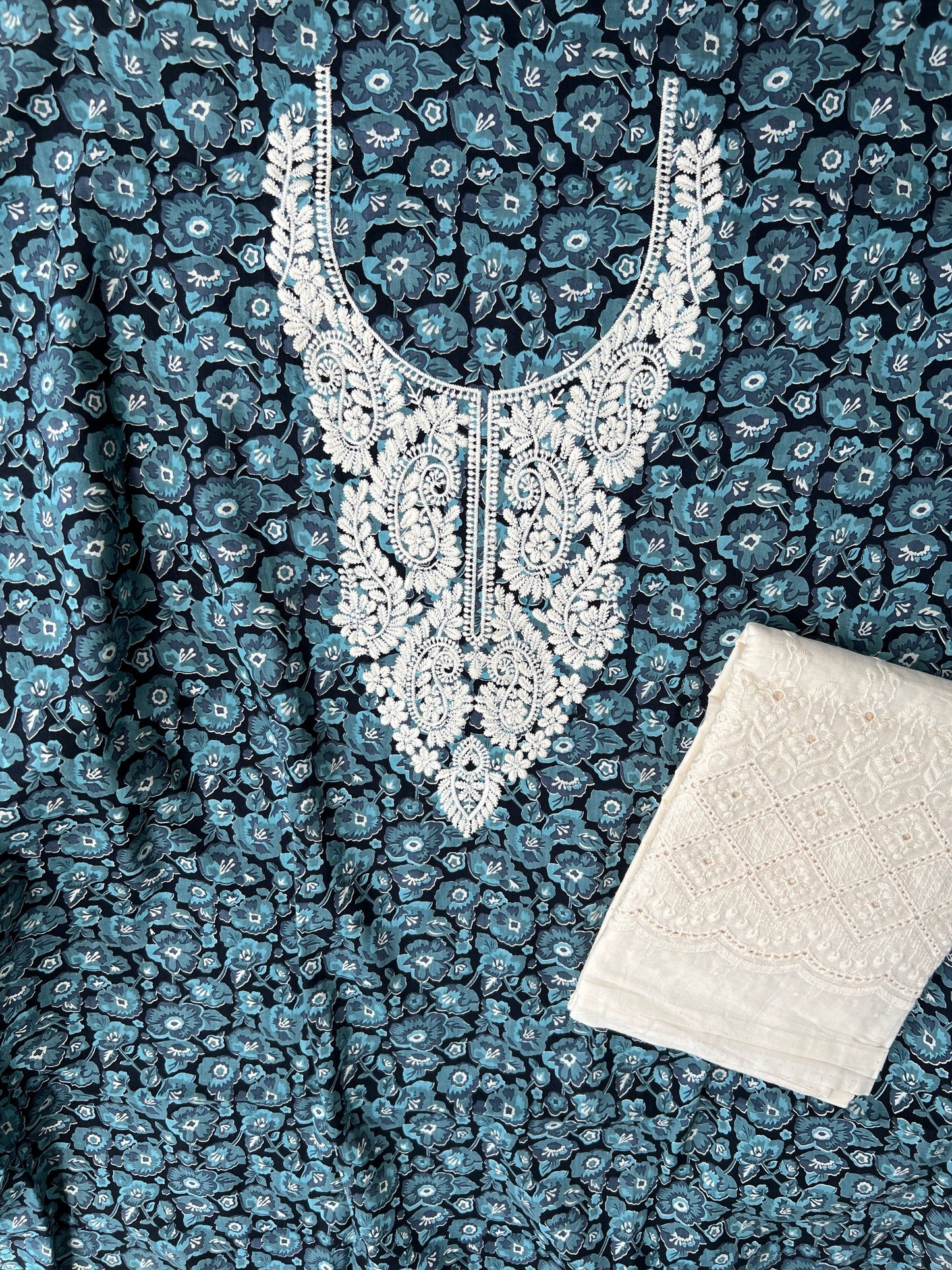 Midnight Teal Bloom in Pure Cotton with White Thread Embroidery