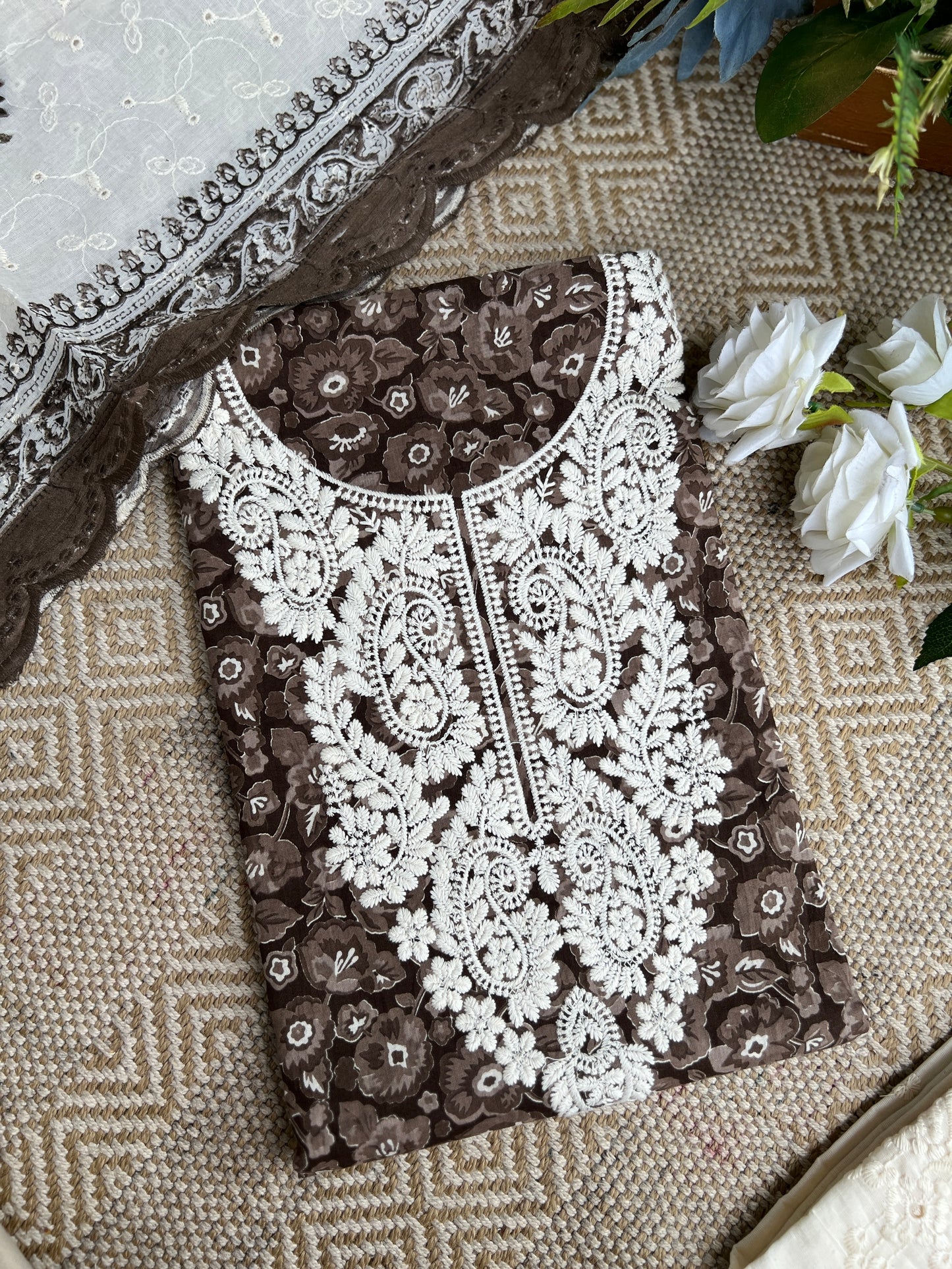 Classic Brown Floral in Pure Cotton with Intricate White Threadwork