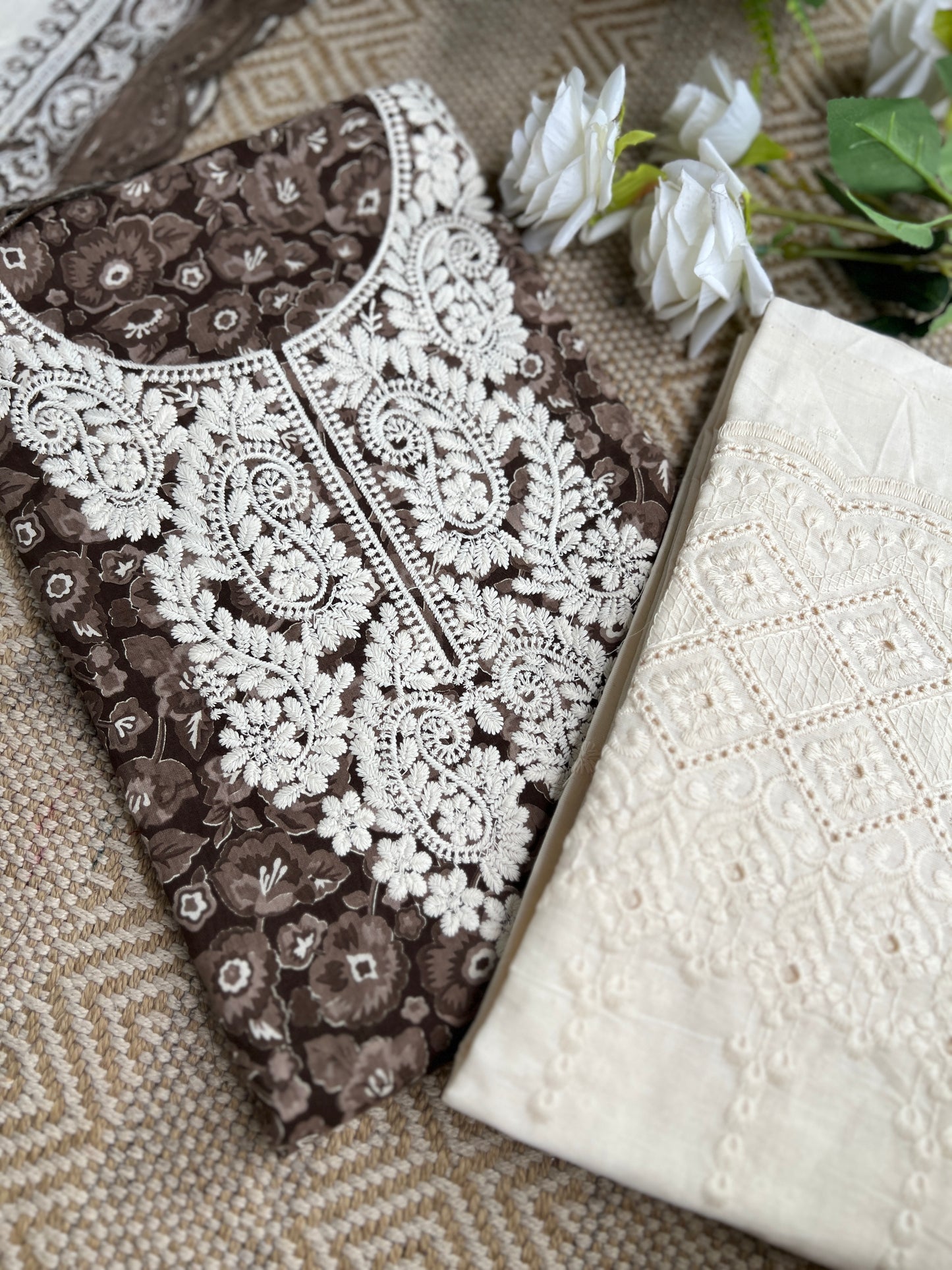 Classic Brown Floral in Pure Cotton with Intricate White Threadwork