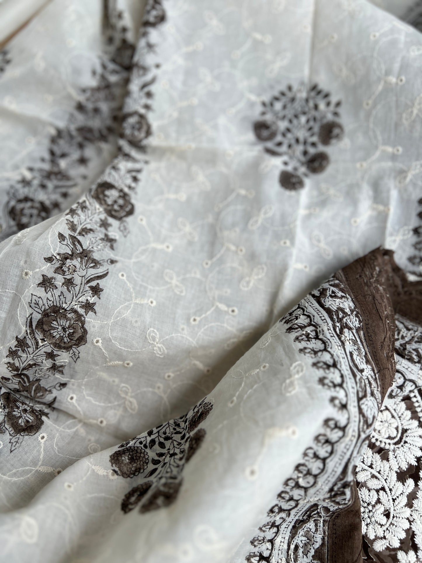 Classic Brown Floral in Pure Cotton with Intricate White Threadwork