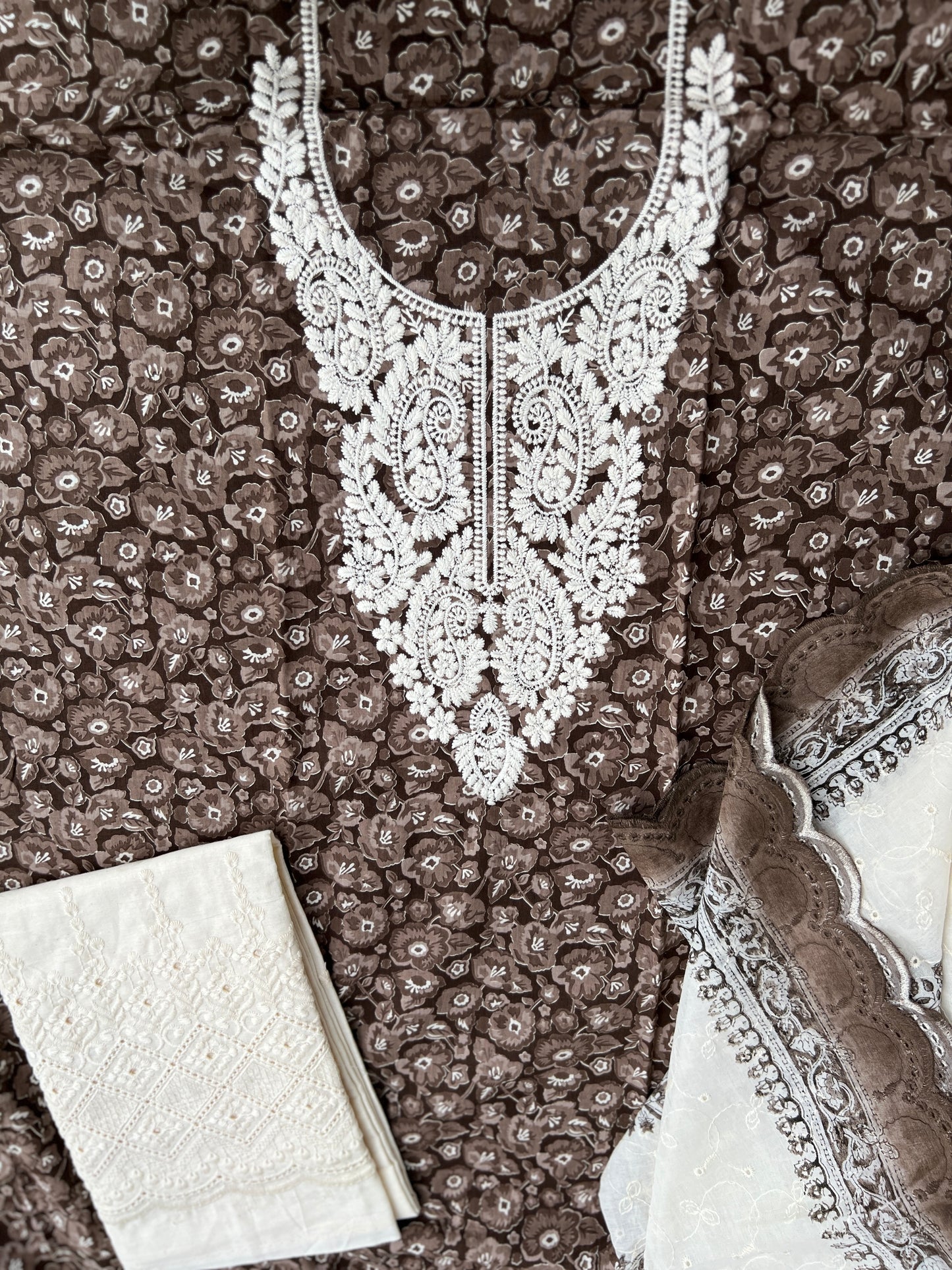 Classic Brown Floral in Pure Cotton with Intricate White Threadwork