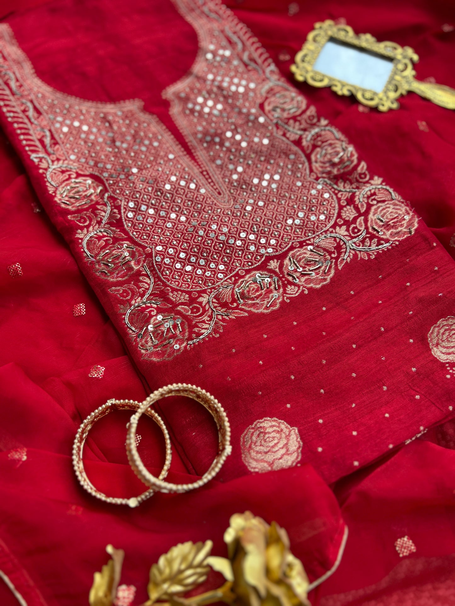 Timeless Red Khadi Silk with Banarasi Weaving Elegance