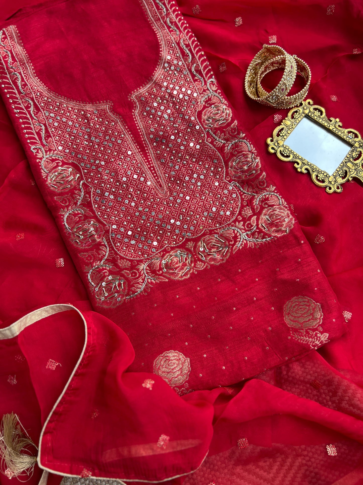 Timeless Red Khadi Silk with Banarasi Weaving Elegance