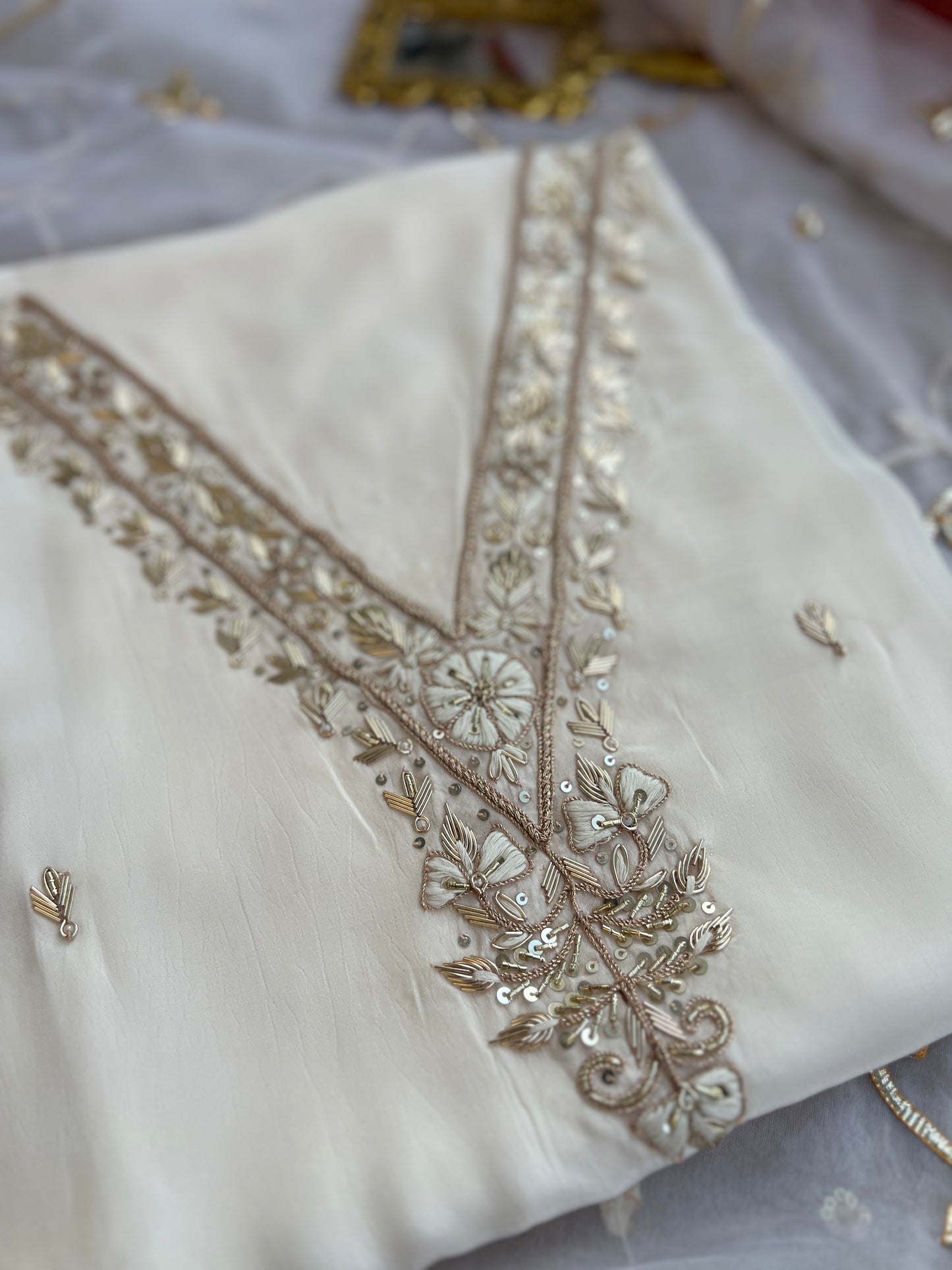 Ivory Russian Crepe Suit with Handwork & Gota Jaal Dupatta
