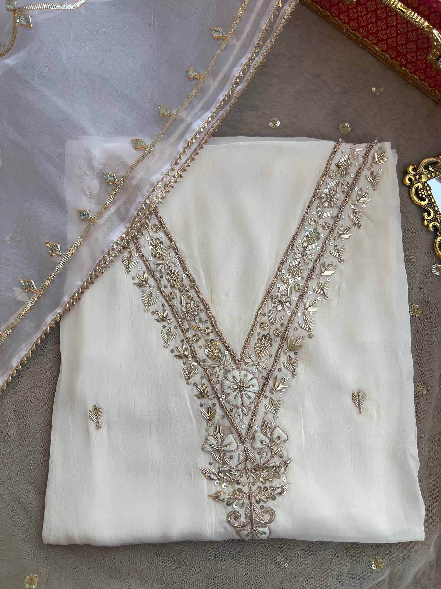 Ivory Russian Crepe Suit with Handwork & Gota Jaal Dupatta