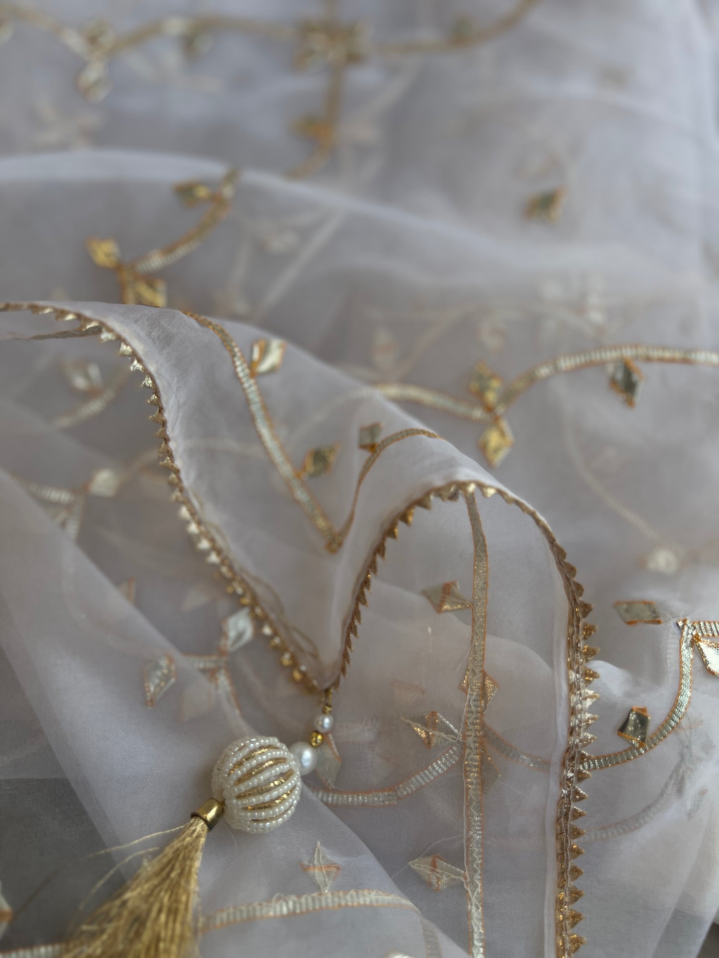 Ivory Russian Crepe Suit with Handwork & Gota Jaal Dupatta