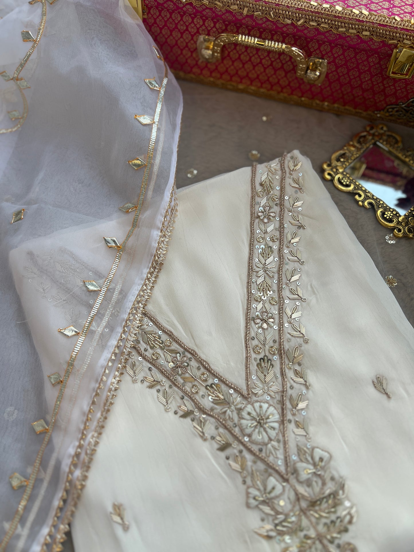 Ivory Russian Crepe Suit with Handwork & Gota Jaal Dupatta