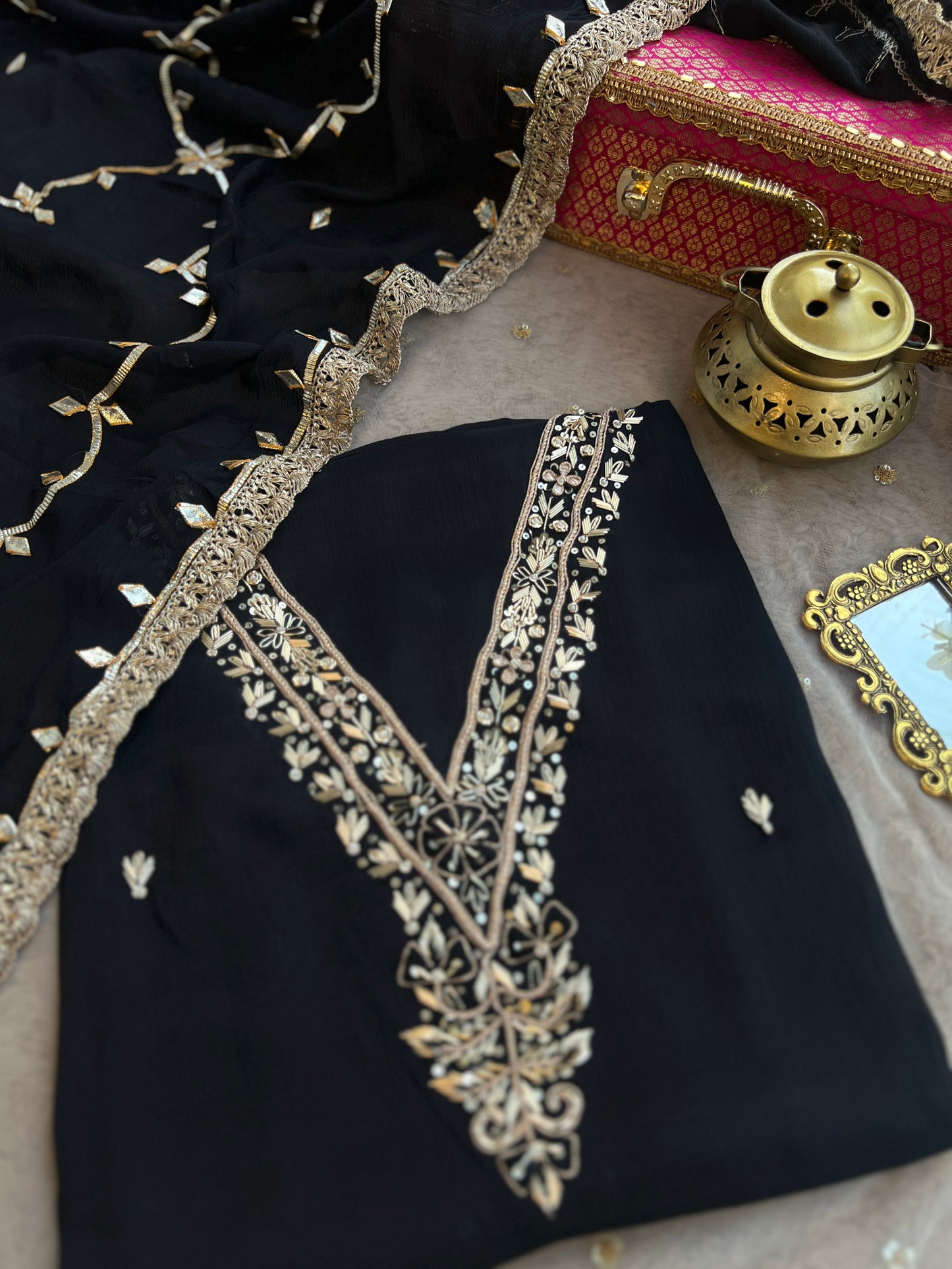 Black Chinnon Handwork & Gota Jaal Dupatta