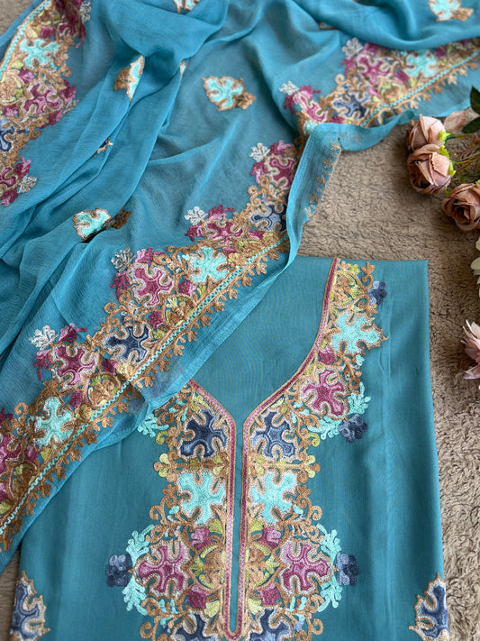 Peacock Teal All-Season Kashmiri Embroidered Modal Cotton Suit Set