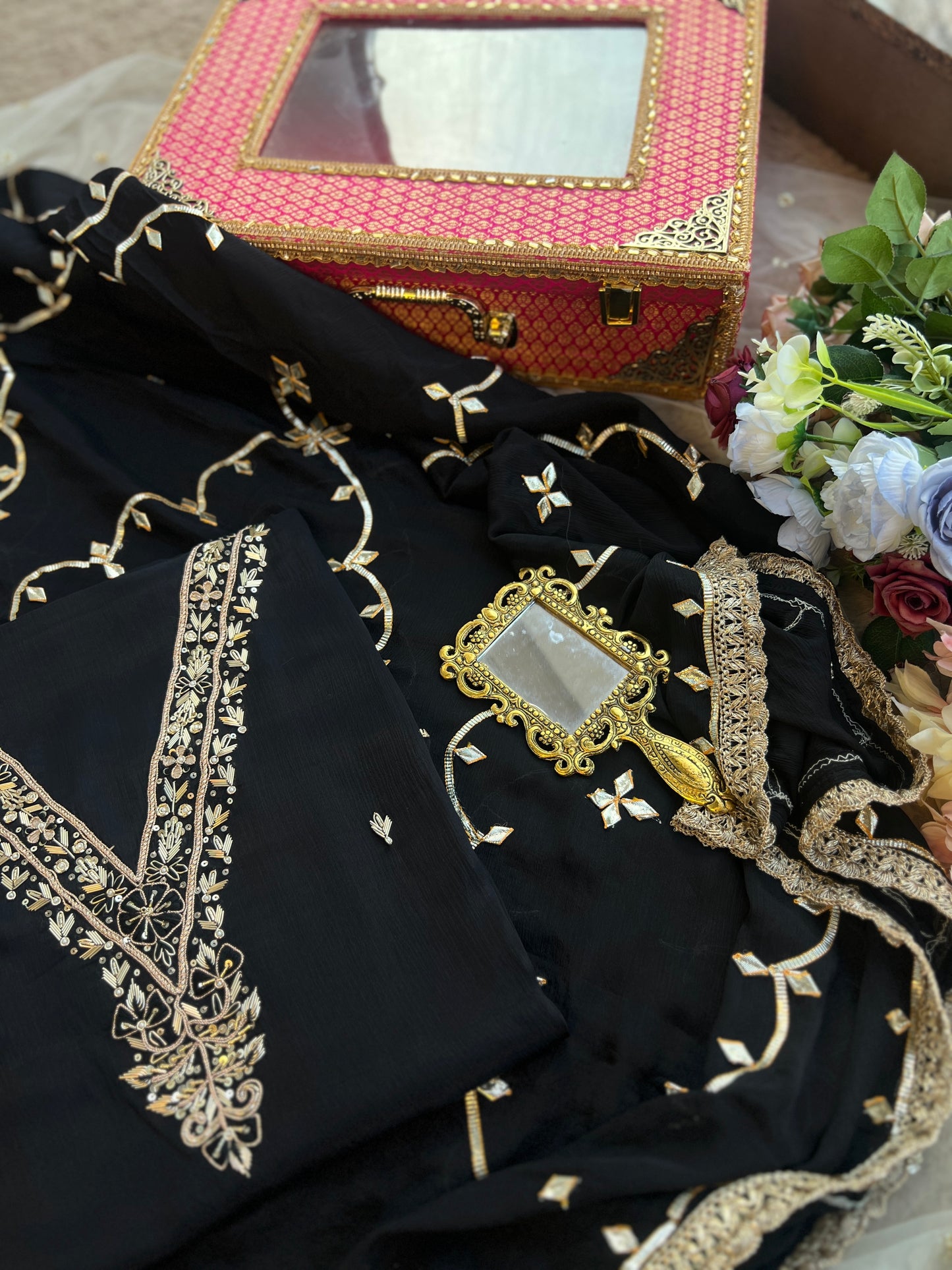 Black Chinnon Handwork & Gota Jaal Dupatta