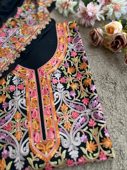 Midnight Black All-Season Kashmiri Embroidered Modal Cotton Suit Set