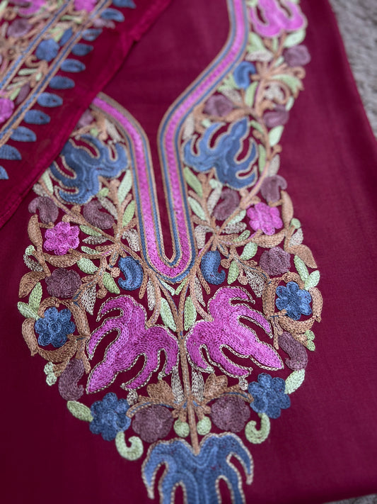 Wine Berry All-Season Kashmiri Embroidered Modal Cotton Suit SetPp