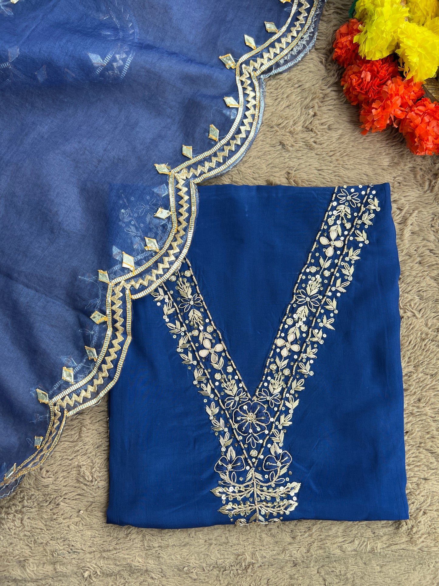 Blue Russian Crepe Suit with Handwork & Gota Phool Organza Dupatta