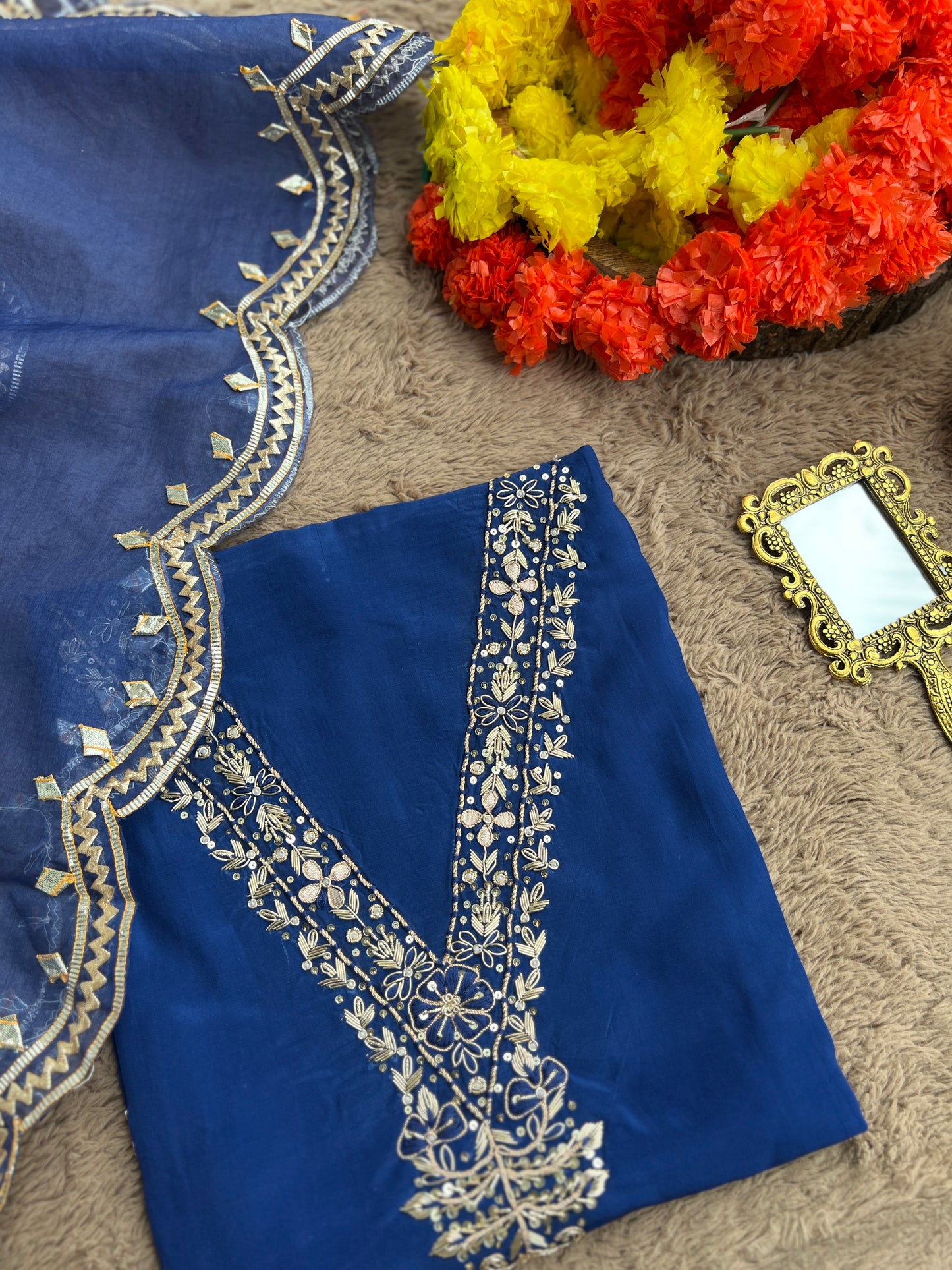Blue Russian Crepe Suit with Handwork & Gota Phool Organza Dupatta