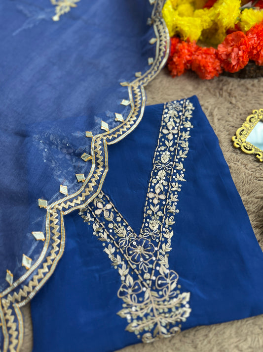 Blue Russian Crepe Suit with Handwork & Gota Phool Organza Dupatta
