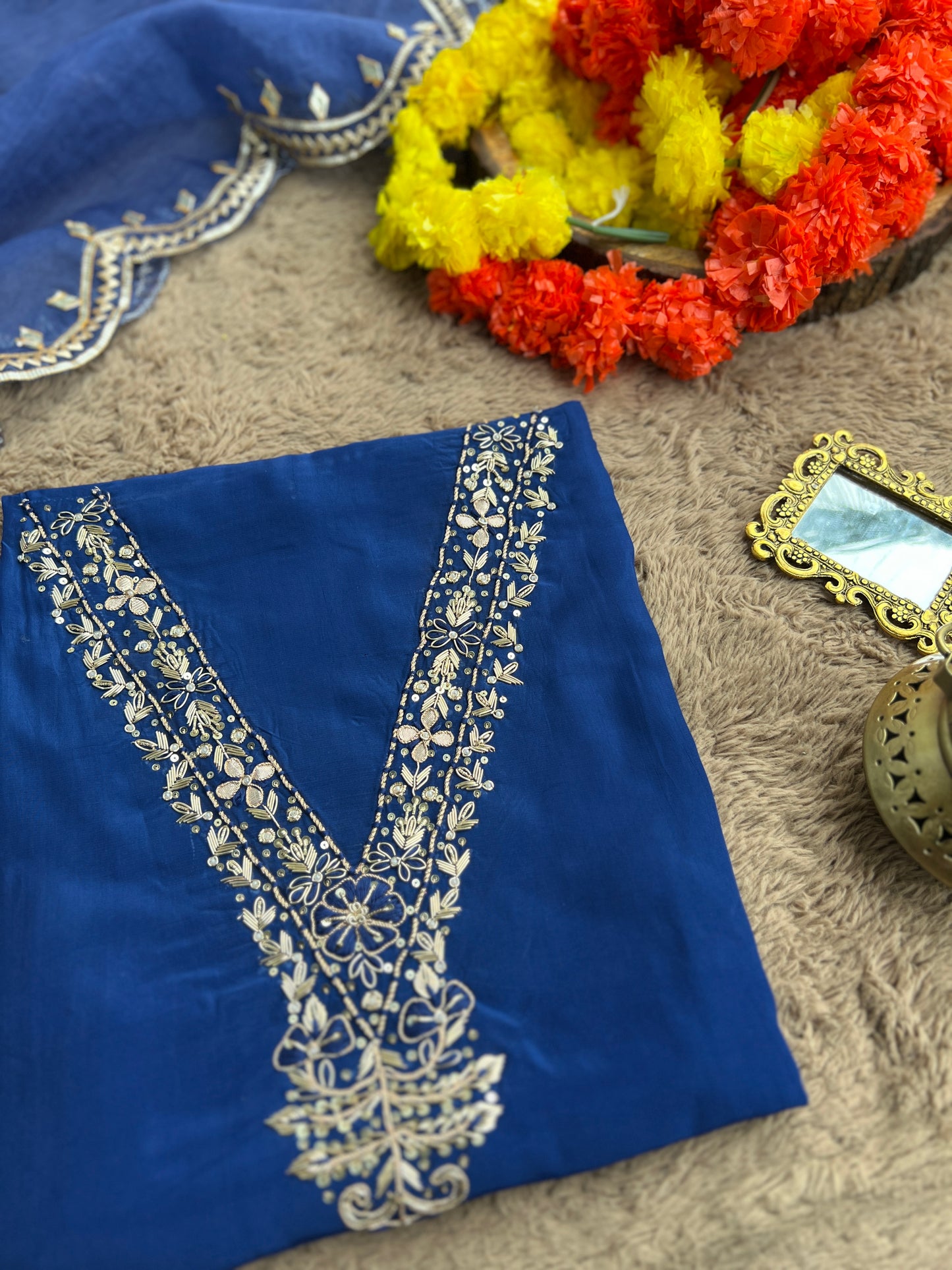 Blue Russian Crepe Suit with Handwork & Gota Phool Organza Dupatta