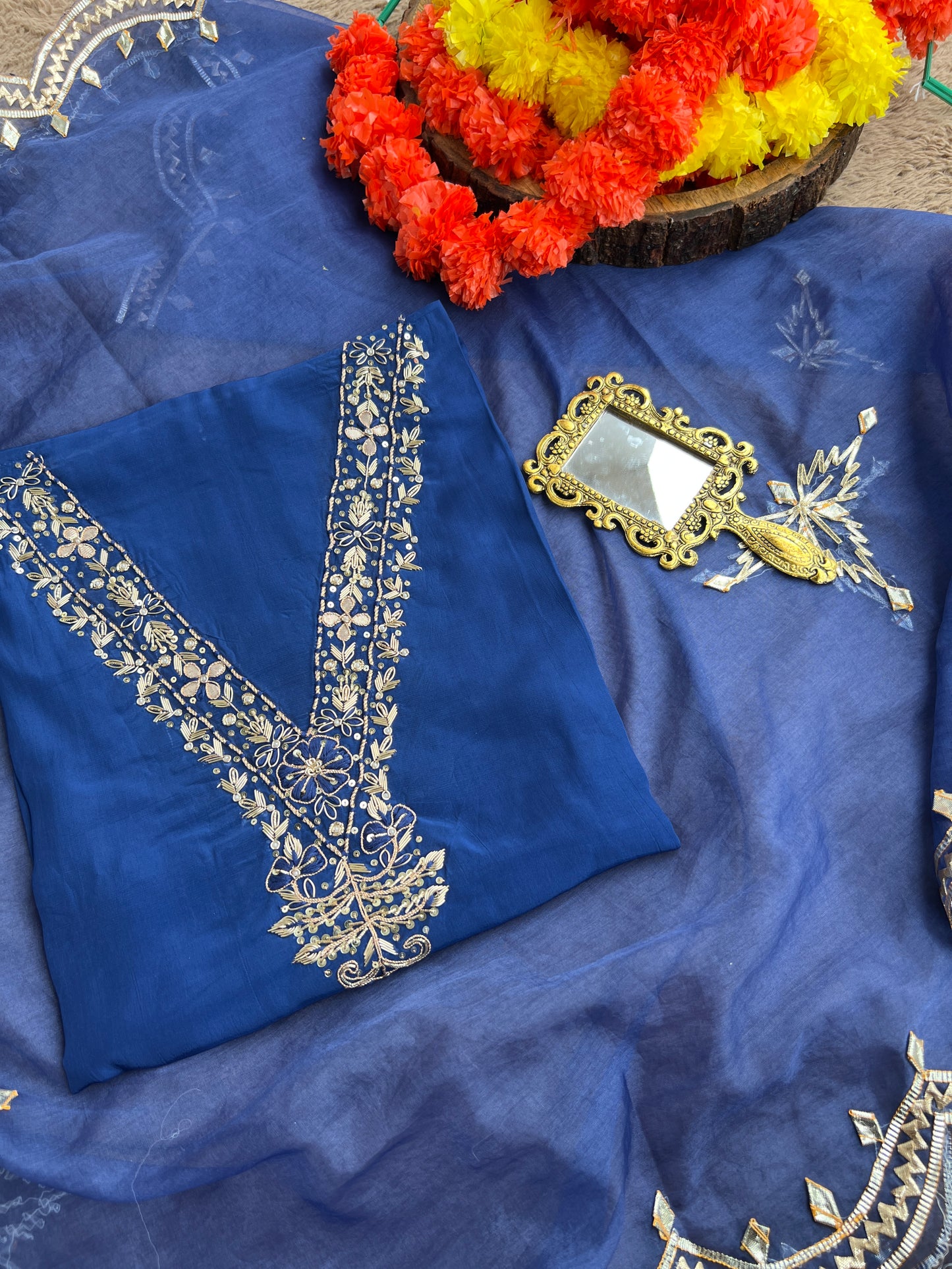 Blue Russian Crepe Suit with Handwork & Gota Phool Organza Dupatta