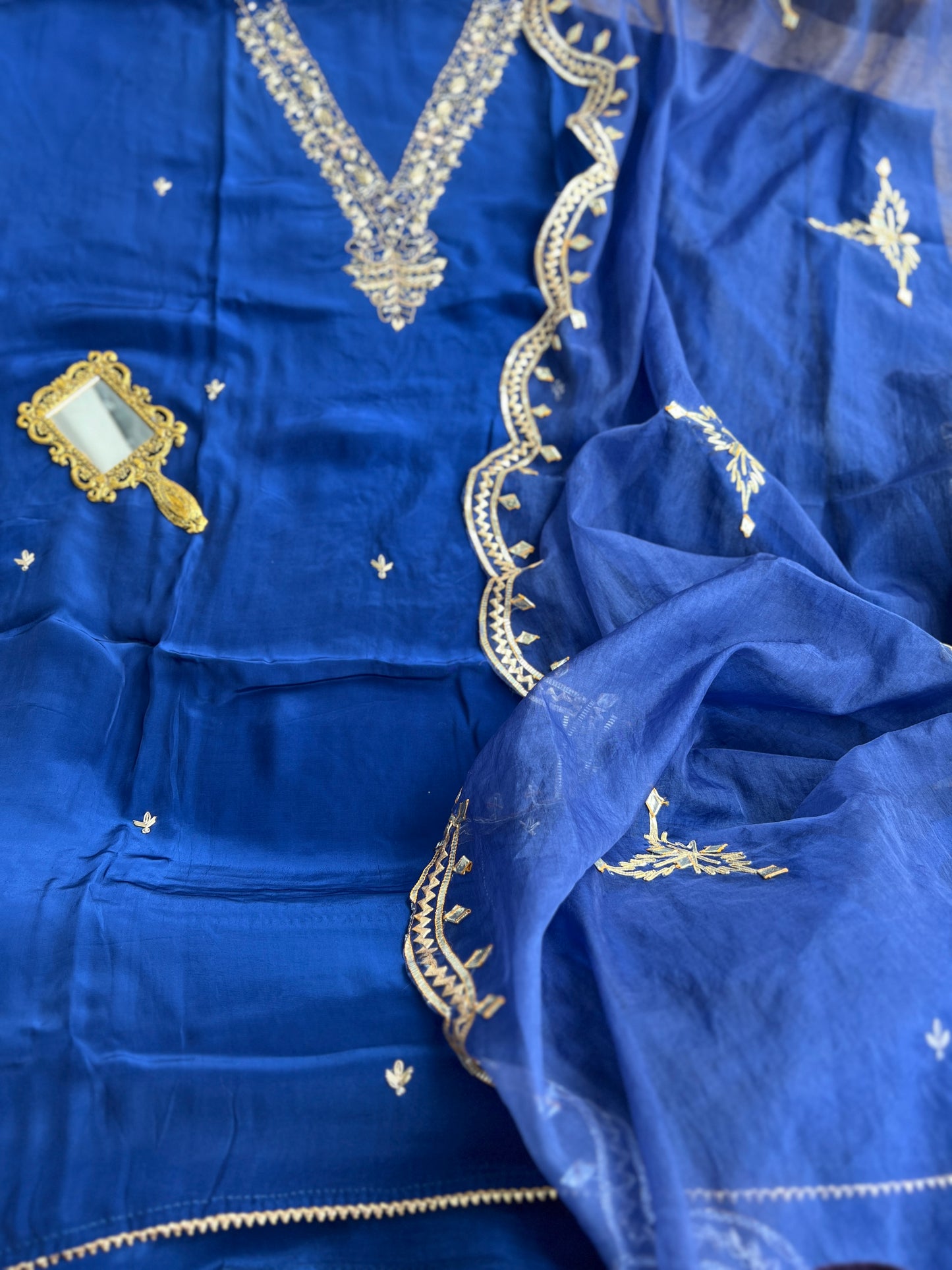 Blue Russian Crepe Suit with Handwork & Gota Phool Organza Dupatta
