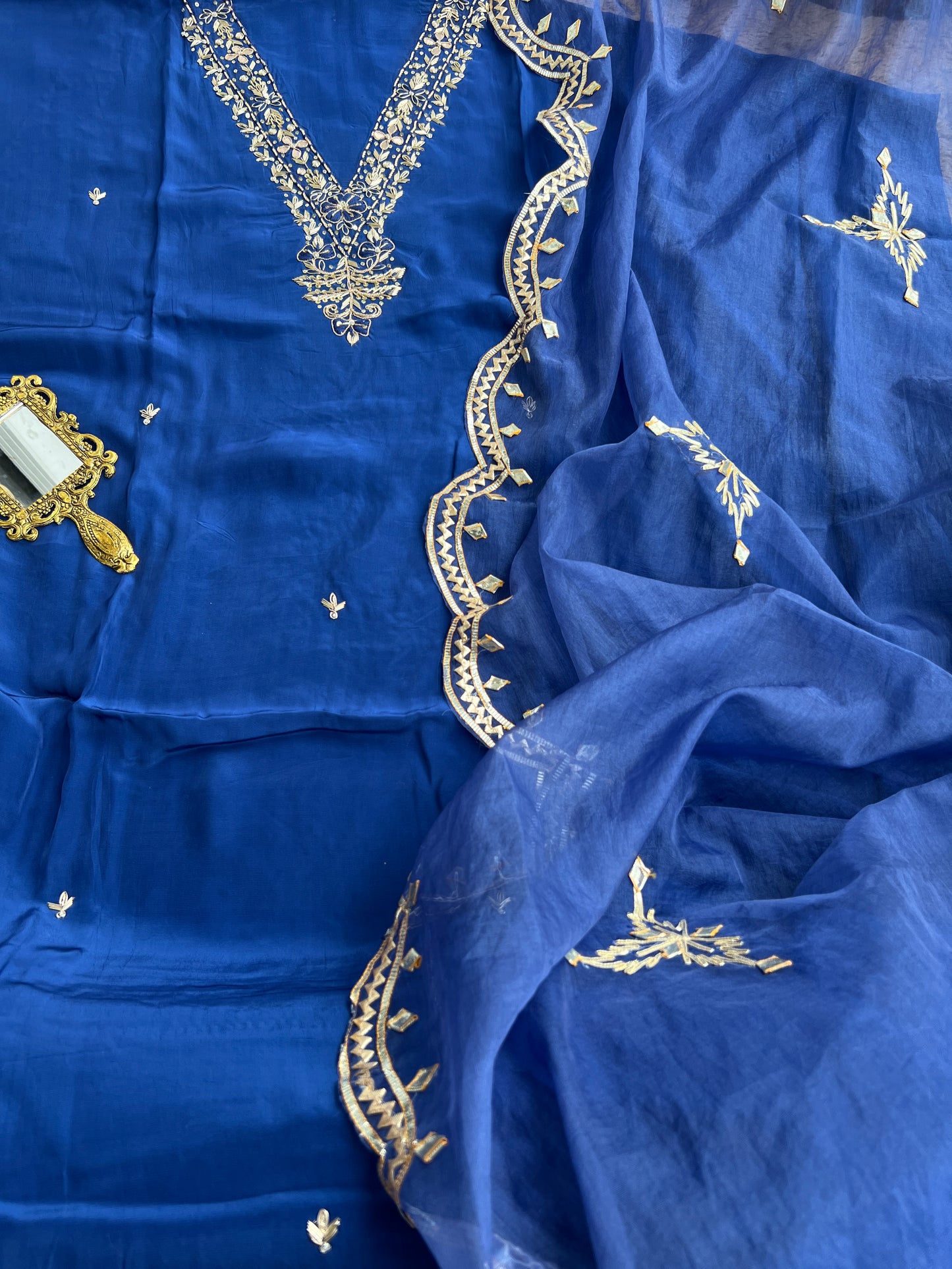 Blue Russian Crepe Suit with Handwork & Gota Phool Organza Dupatta