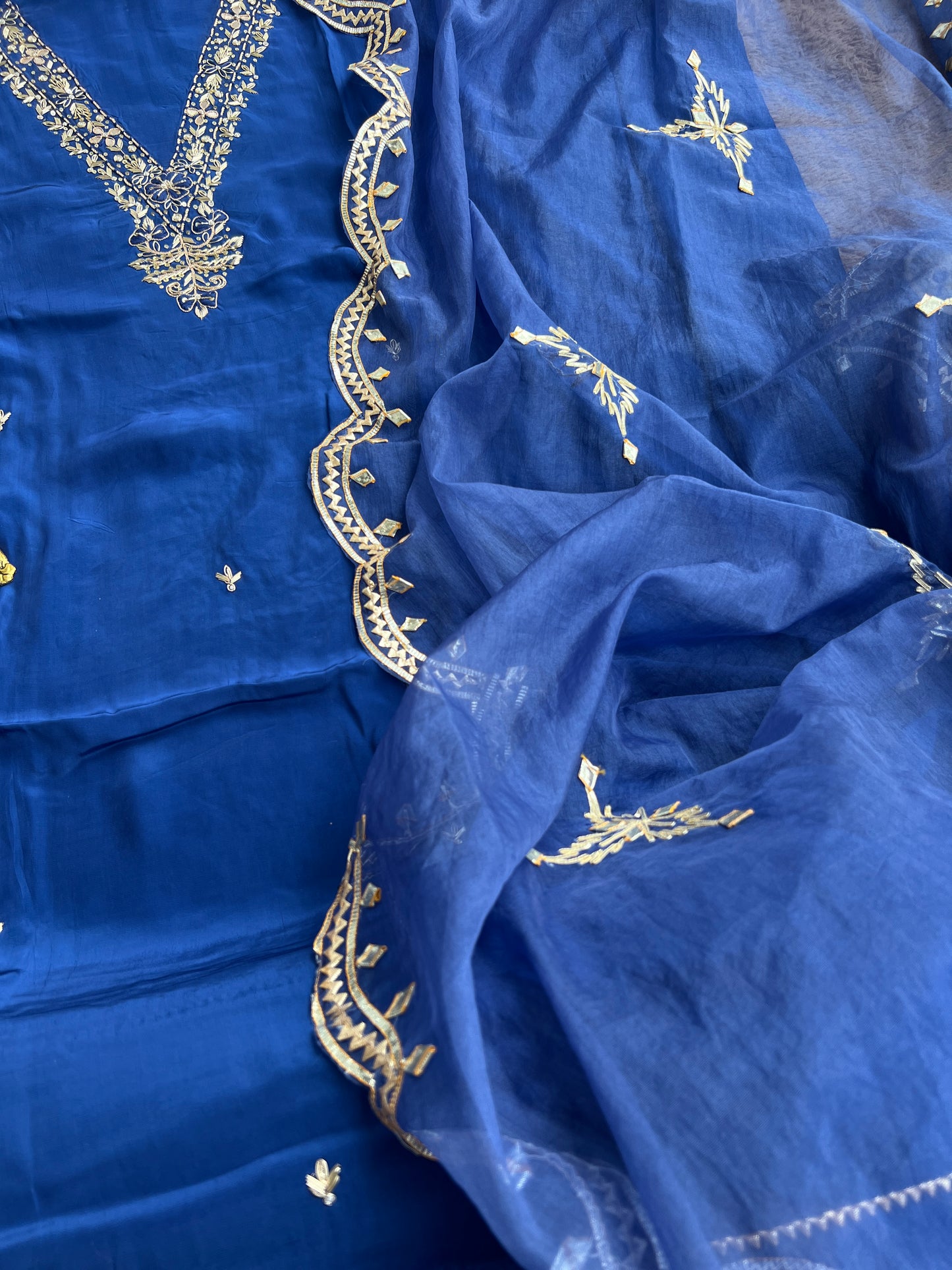 Blue Russian Crepe Suit with Handwork & Gota Phool Organza Dupatta