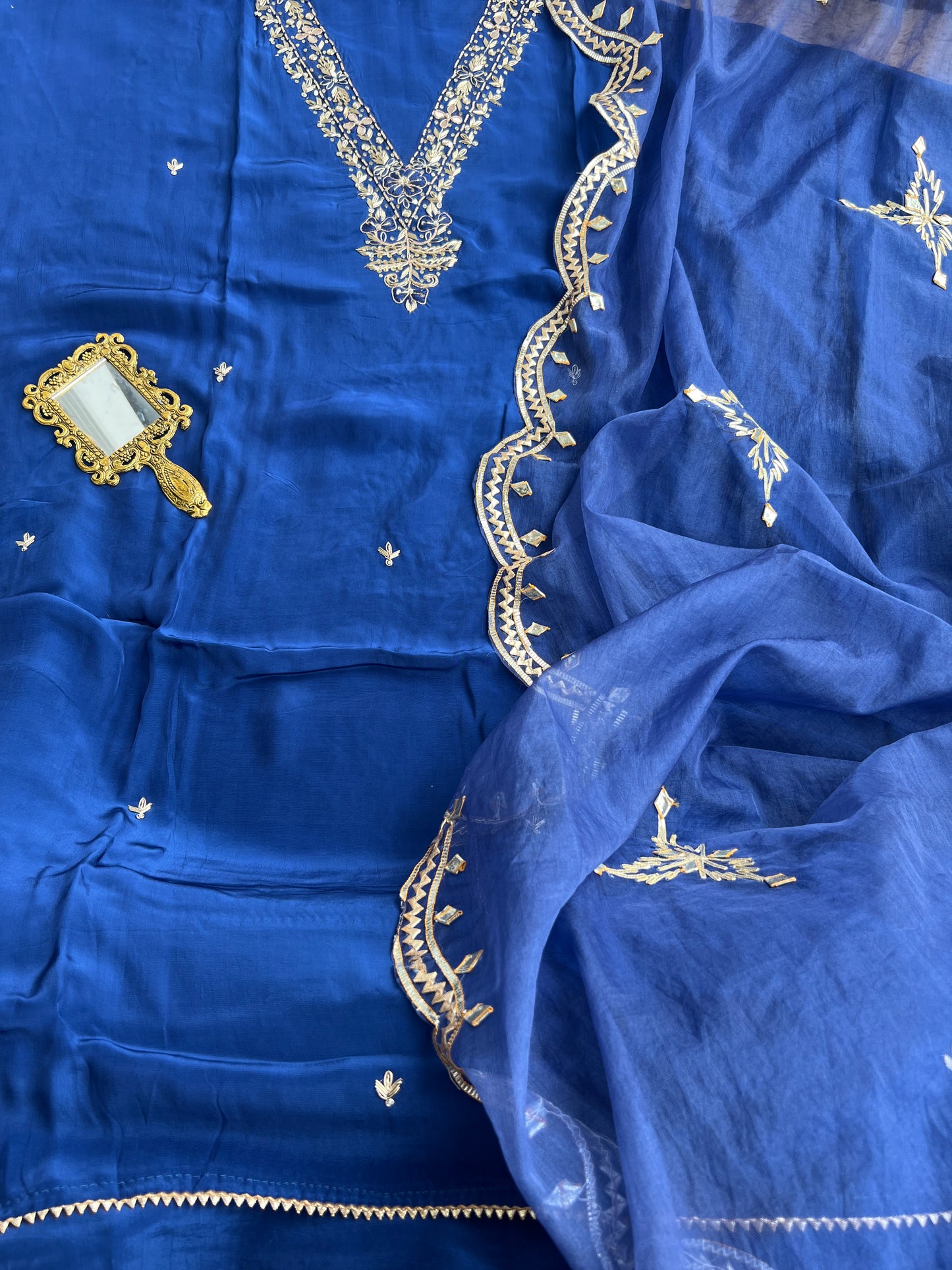 Blue Russian Crepe Suit with Handwork & Gota Phool Organza Dupatta