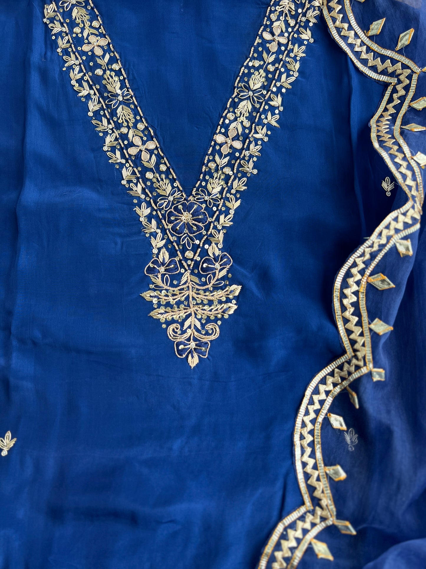 Blue Russian Crepe Suit with Handwork & Gota Phool Organza Dupatta