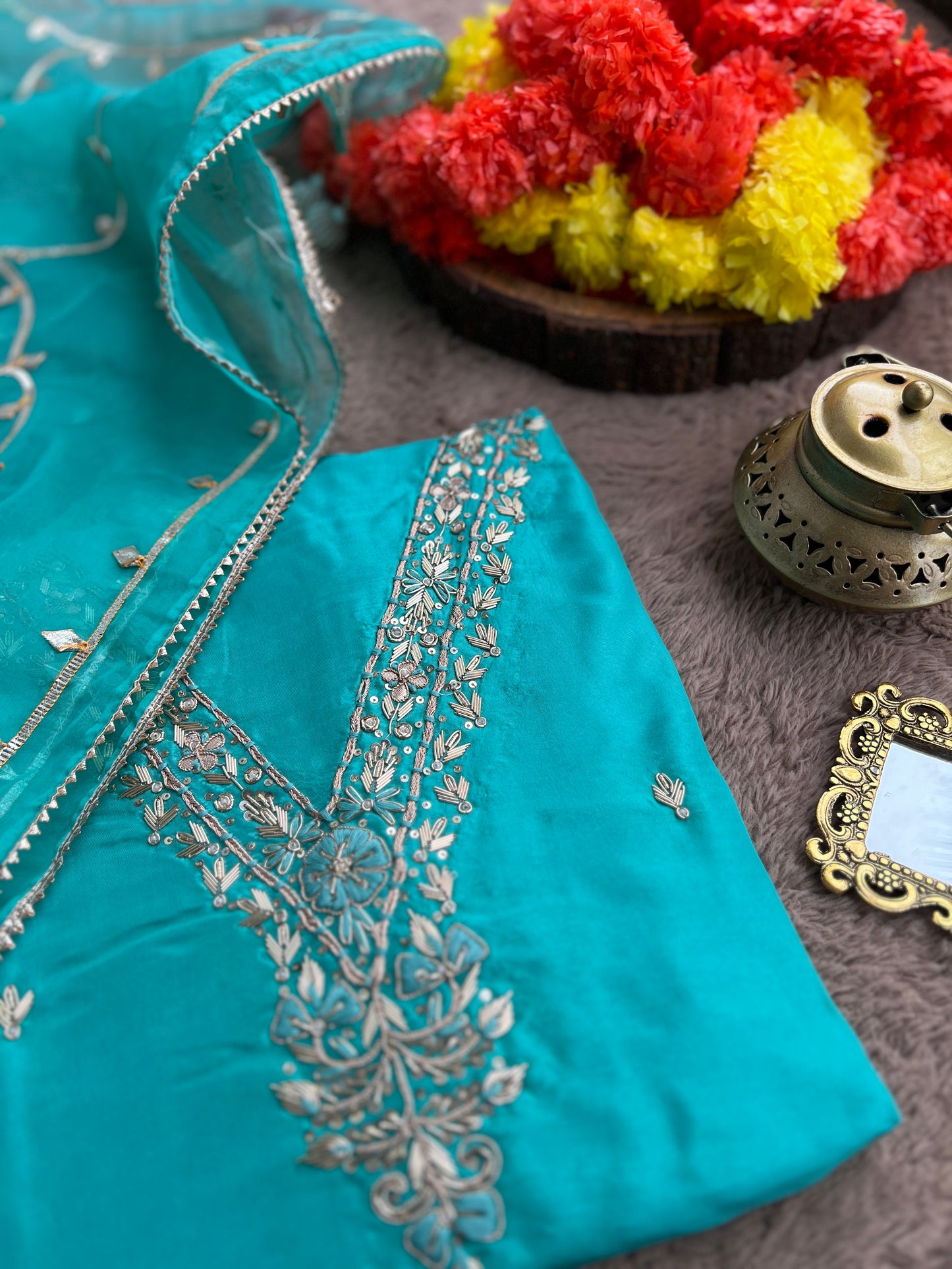 Regal Sea Green Suit in Russian Silk with Hand Embroidery & Gota Jaal Du