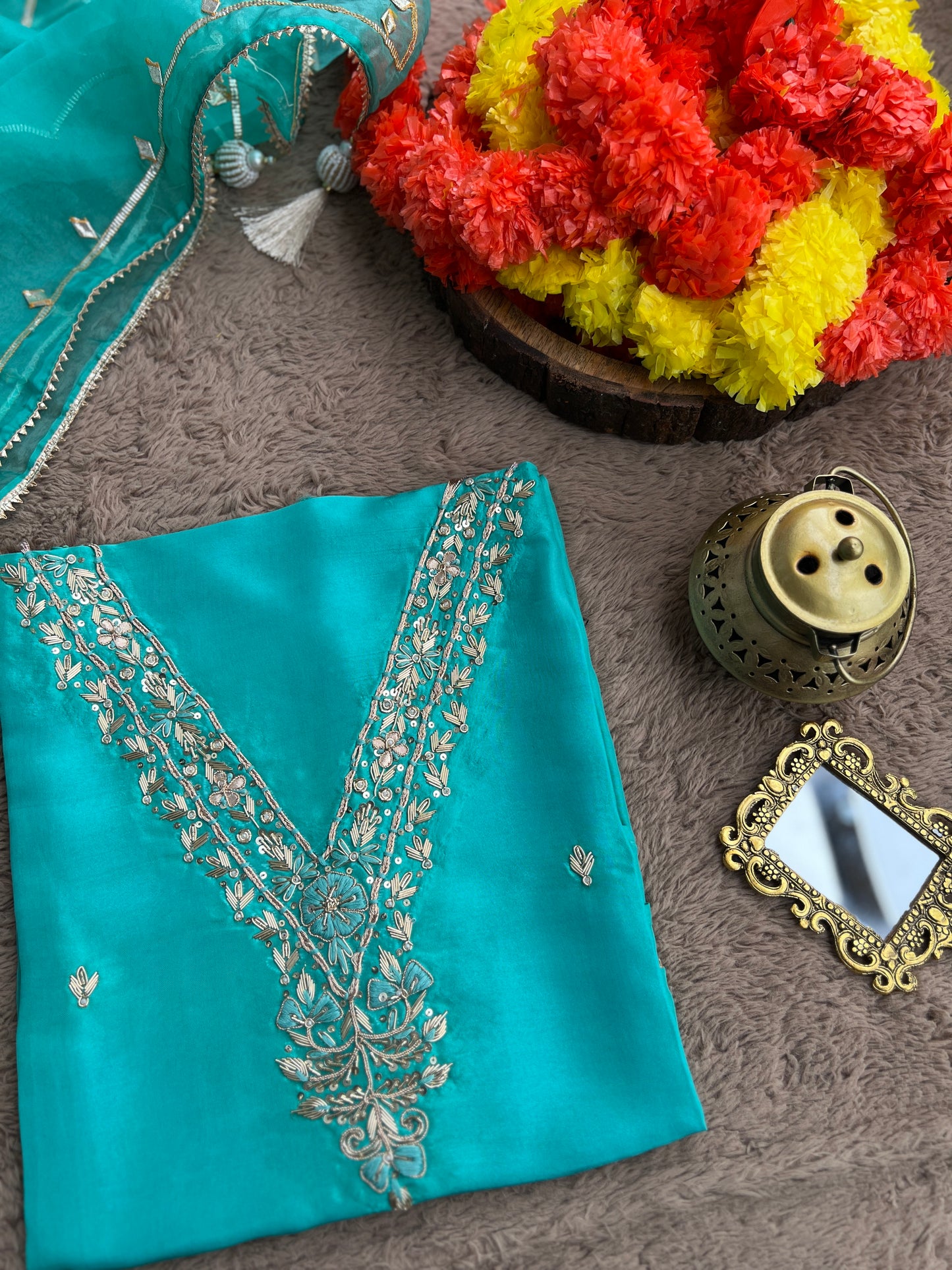 Regal Sea Green Suit in Russian Silk with Hand Embroidery & Gota Jaal Du