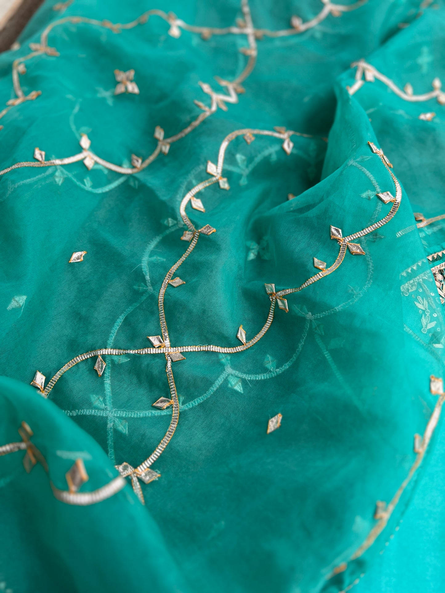 Regal Sea Green Suit in Russian Silk with Hand Embroidery & Gota Jaal Du