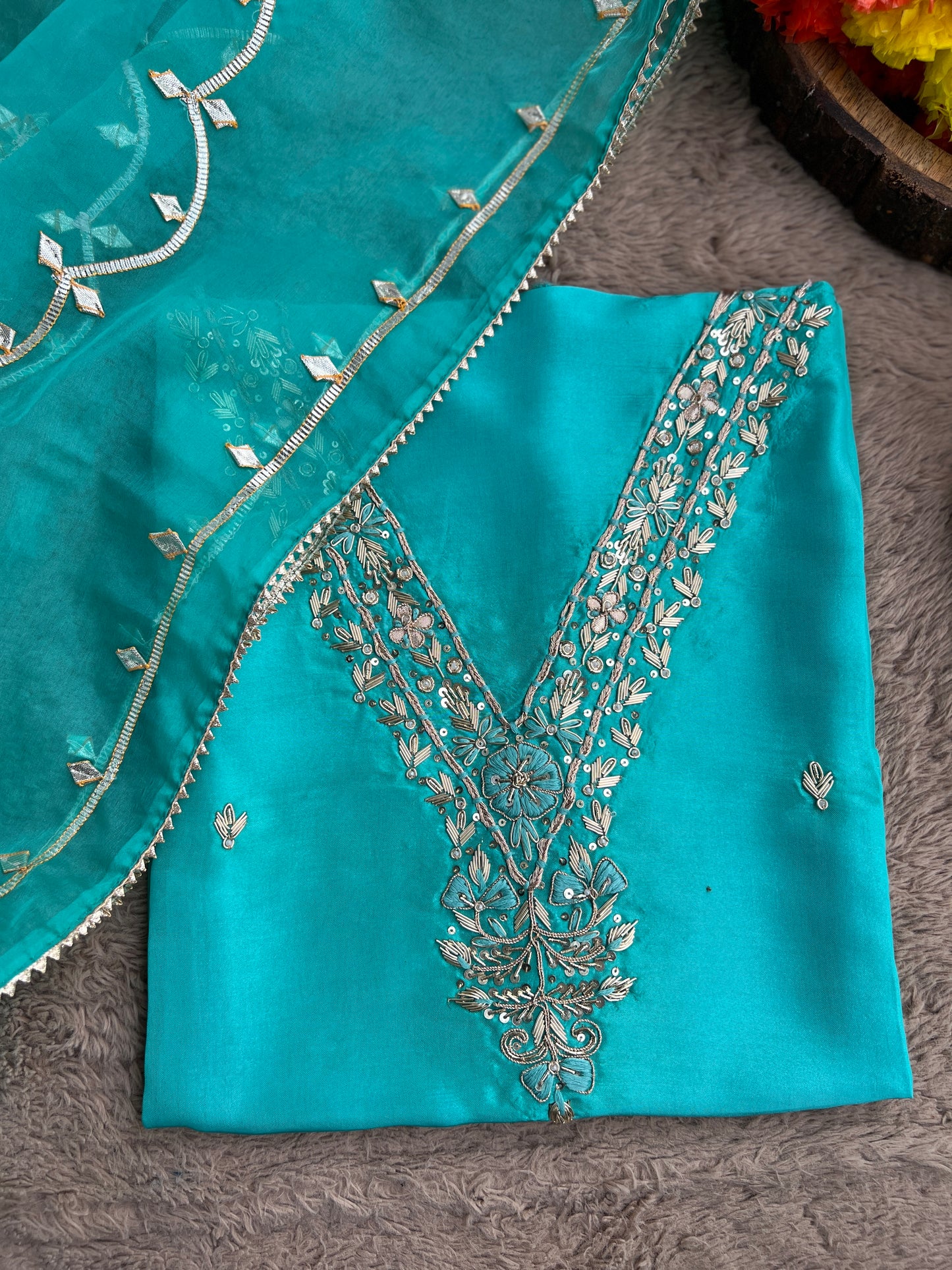 Regal Sea Green Suit in Russian Silk with Hand Embroidery & Gota Jaal Du