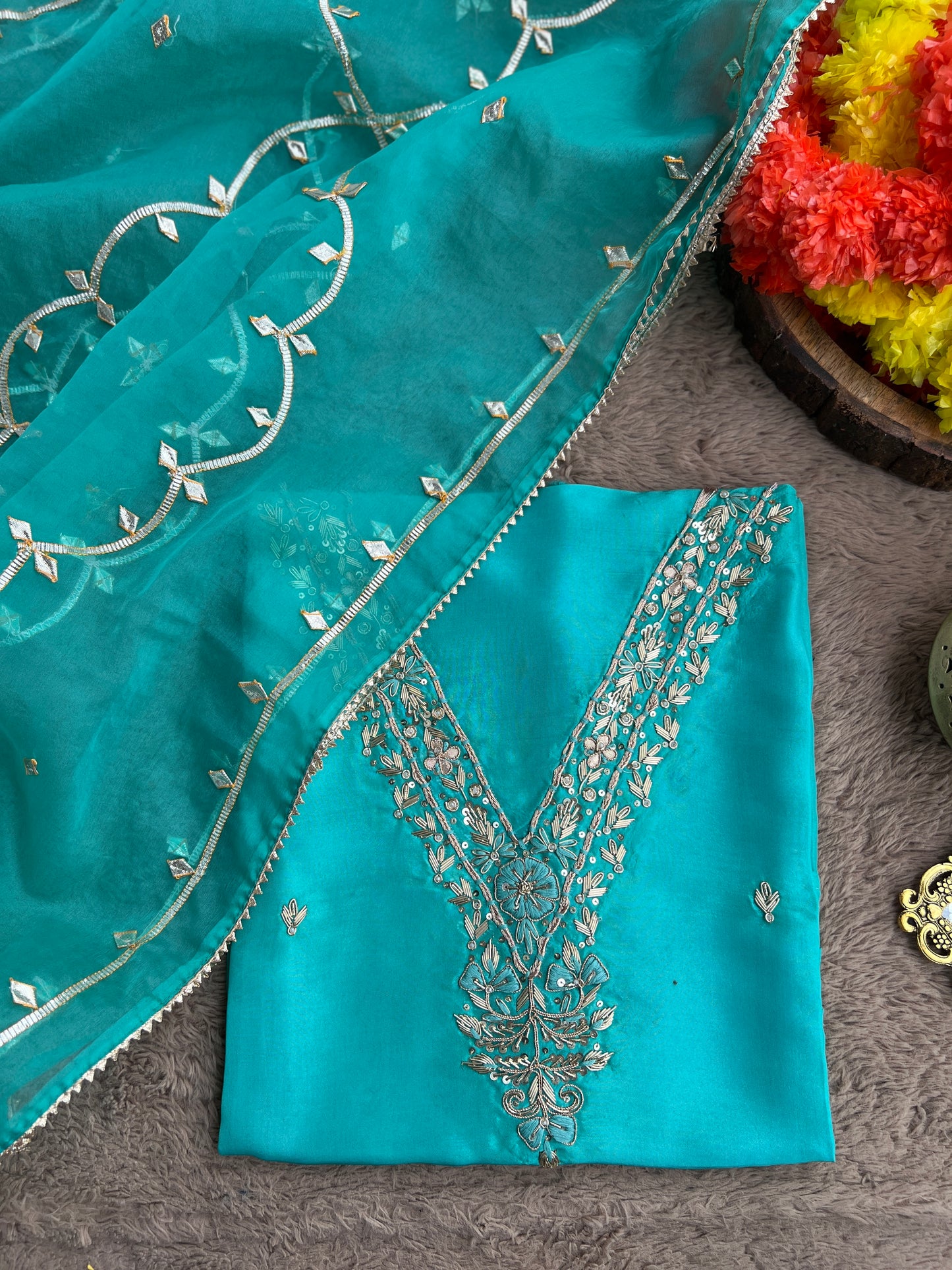 Regal Sea Green Suit in Russian Silk with Hand Embroidery & Gota Jaal Du