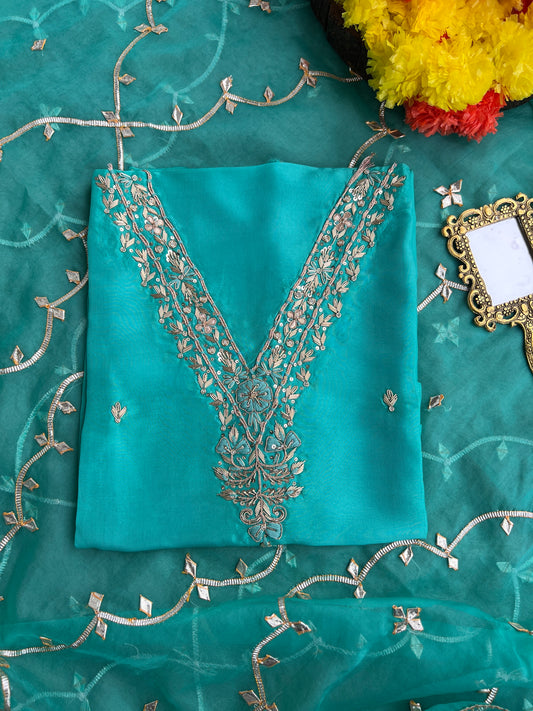 Regal Sea Green Suit in Russian Silk with Hand Embroidery & Gota Jaal Dupatta