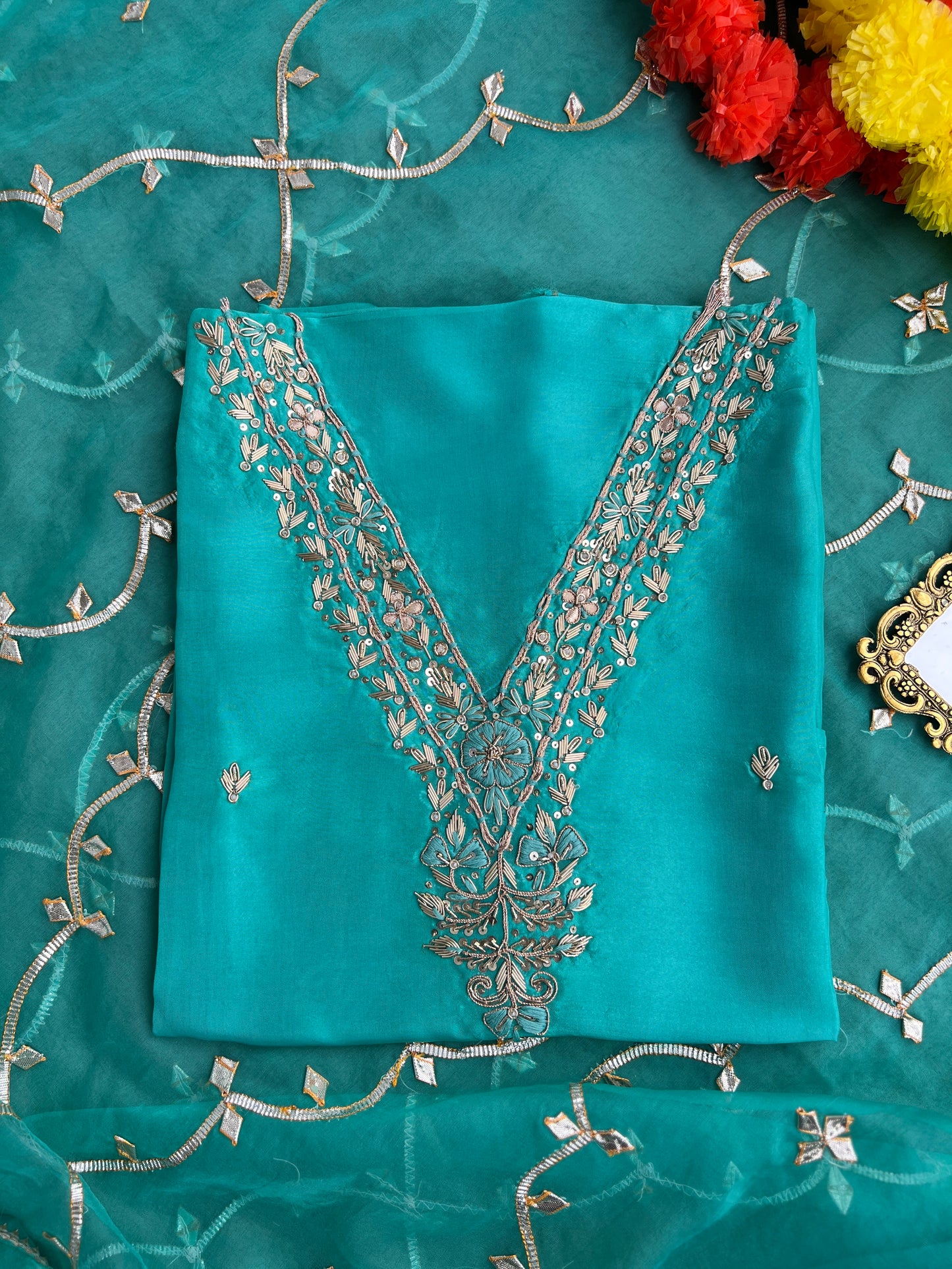 Regal Sea Green Suit in Russian Silk with Hand Embroidery & Gota Jaal Du