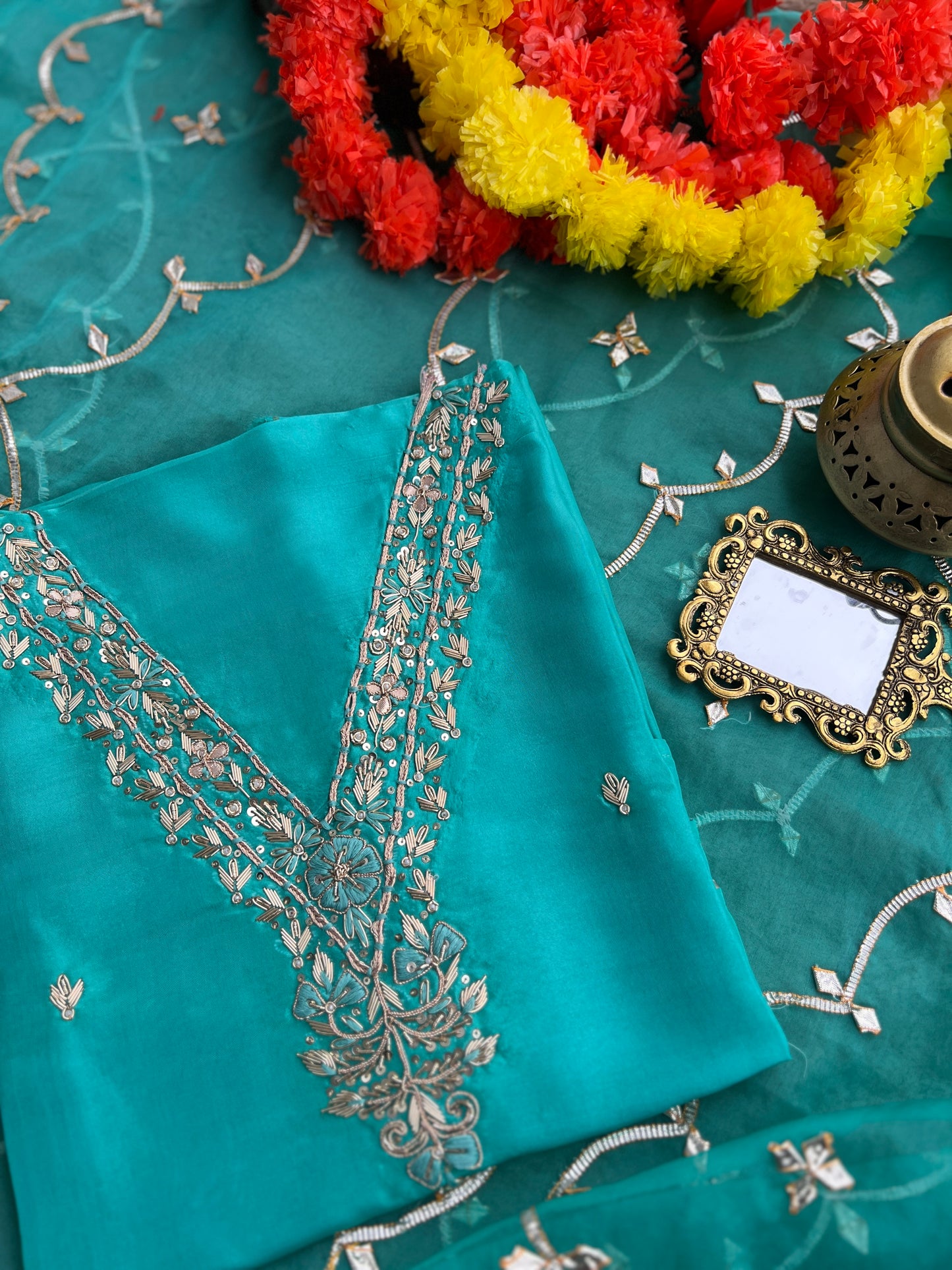 Regal Sea Green Suit in Russian Silk with Hand Embroidery & Gota Jaal Du