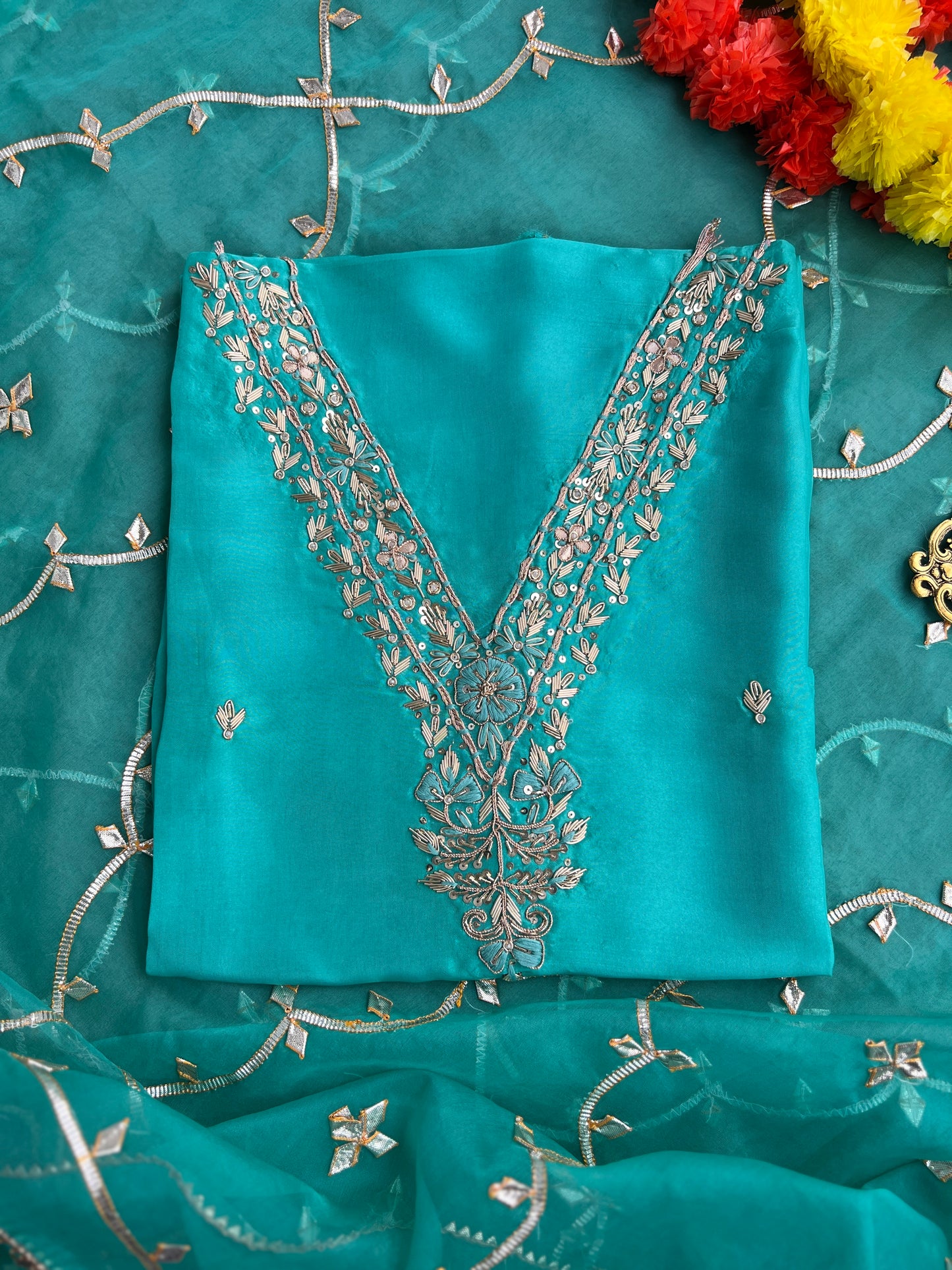 Regal Sea Green Suit in Russian Silk with Hand Embroidery & Gota Jaal Du
