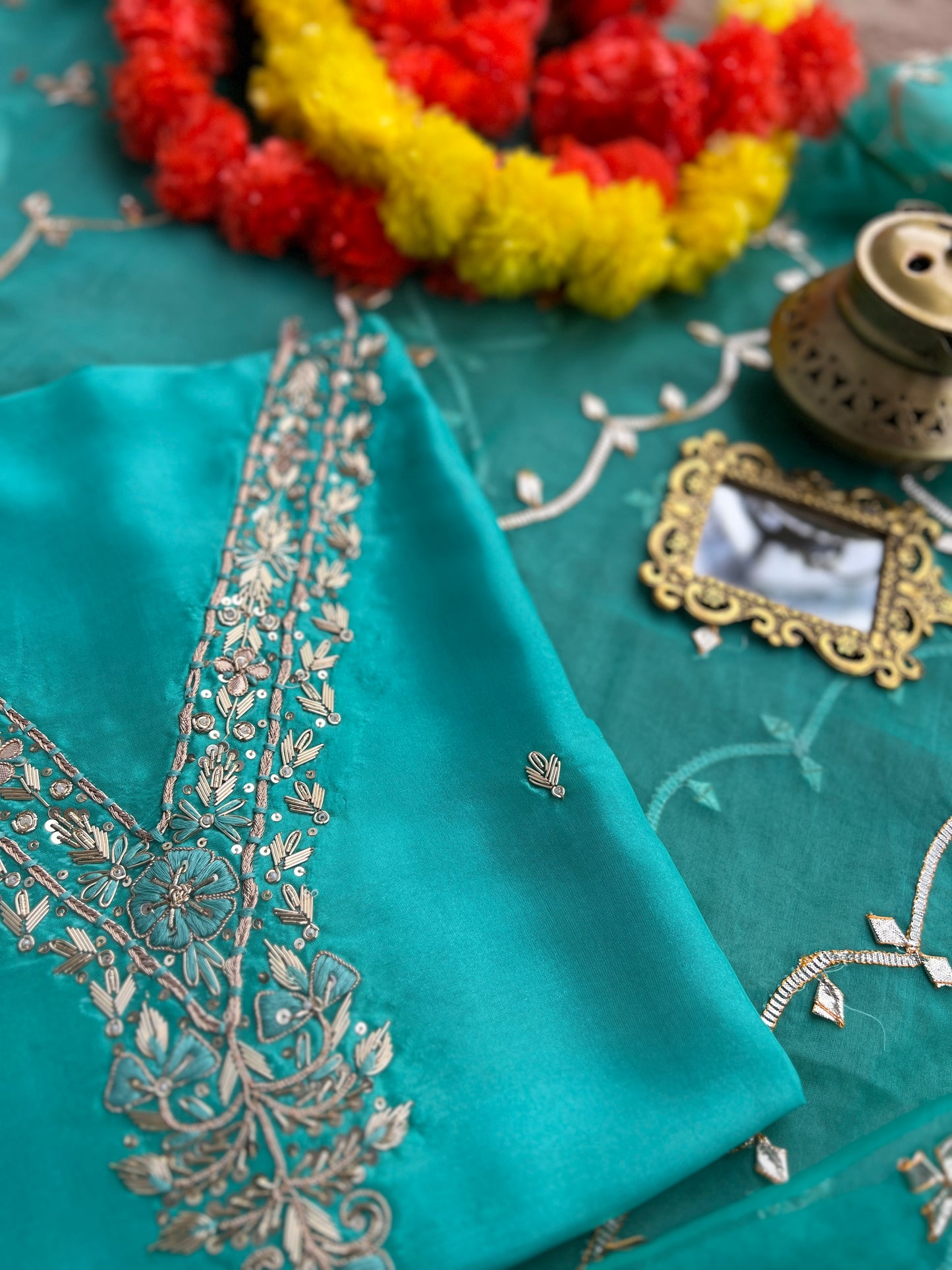Regal Sea Green Suit in Russian Silk with Hand Embroidery & Gota Jaal Du