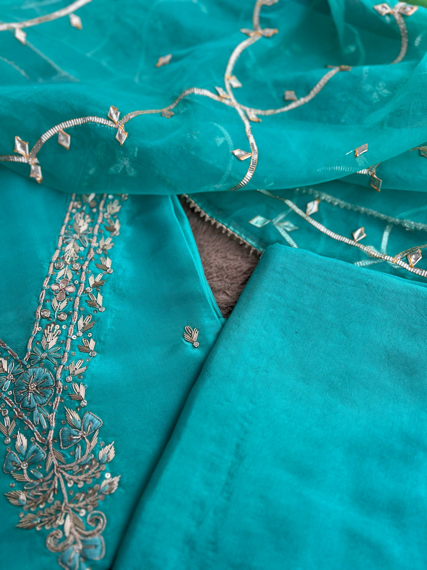 Regal Sea Green Suit in Russian Silk with Hand Embroidery & Gota Jaal Du