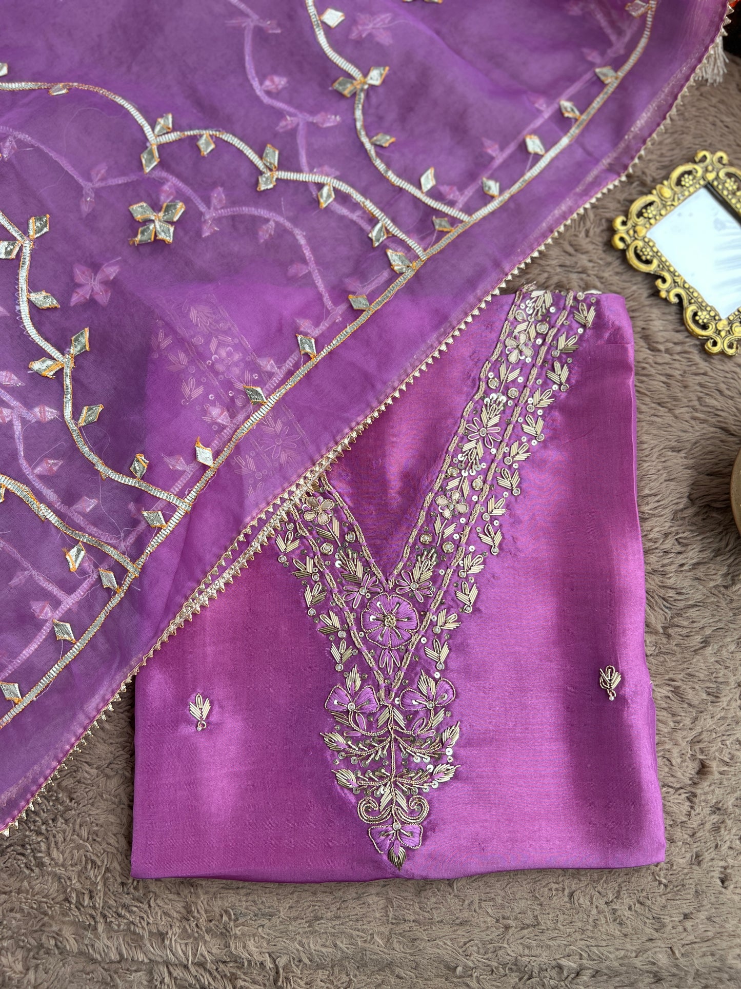 Royal Plum Russian Silk Suit with Handwork & Gota Jaal Dupatta