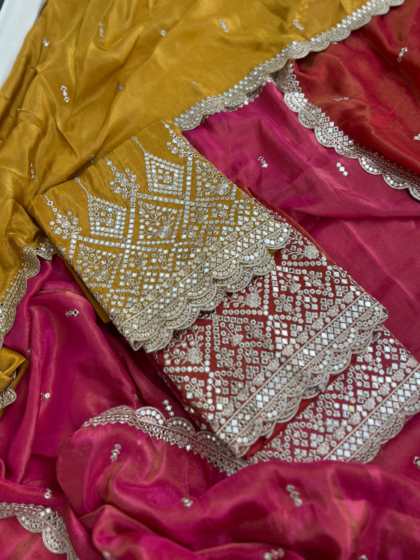 Elegant Mirror Embroidered Silk Ensembles