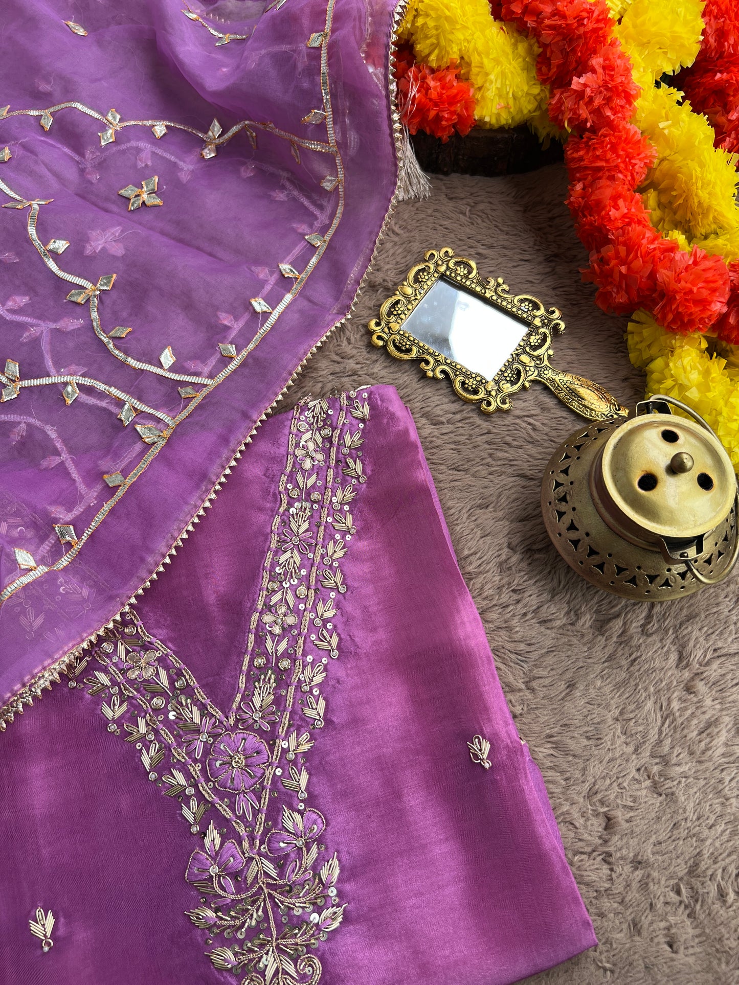 Royal Plum Russian Silk Suit with Handwork & Gota Jaal Dupatta