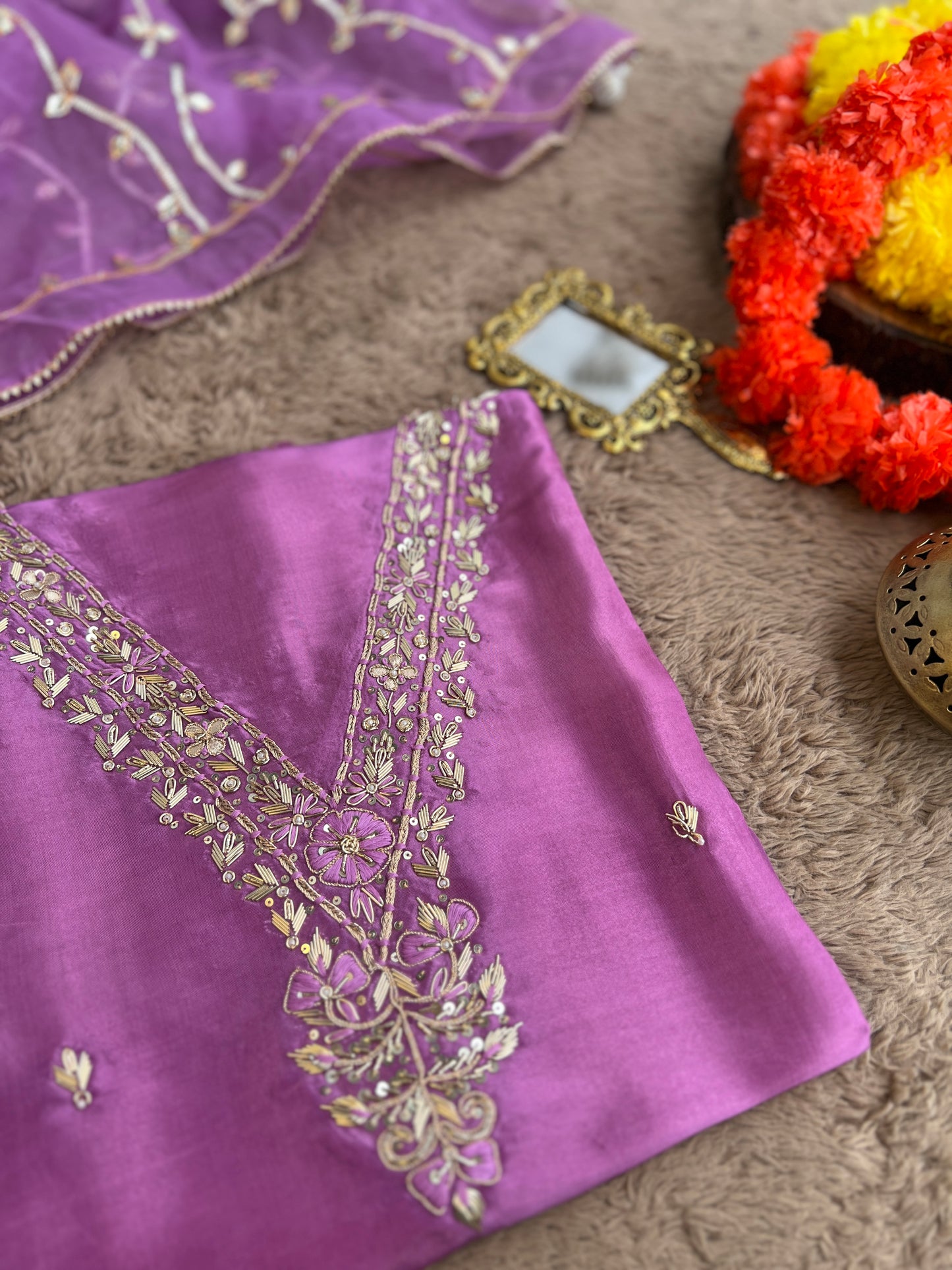 Royal Plum Russian Silk Suit with Handwork & Gota Jaal Dupatta