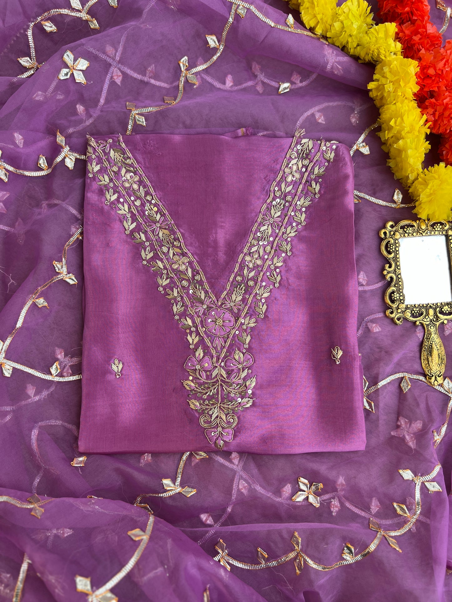 Royal Plum Russian Silk Suit with Handwork & Gota Jaal Dupatta