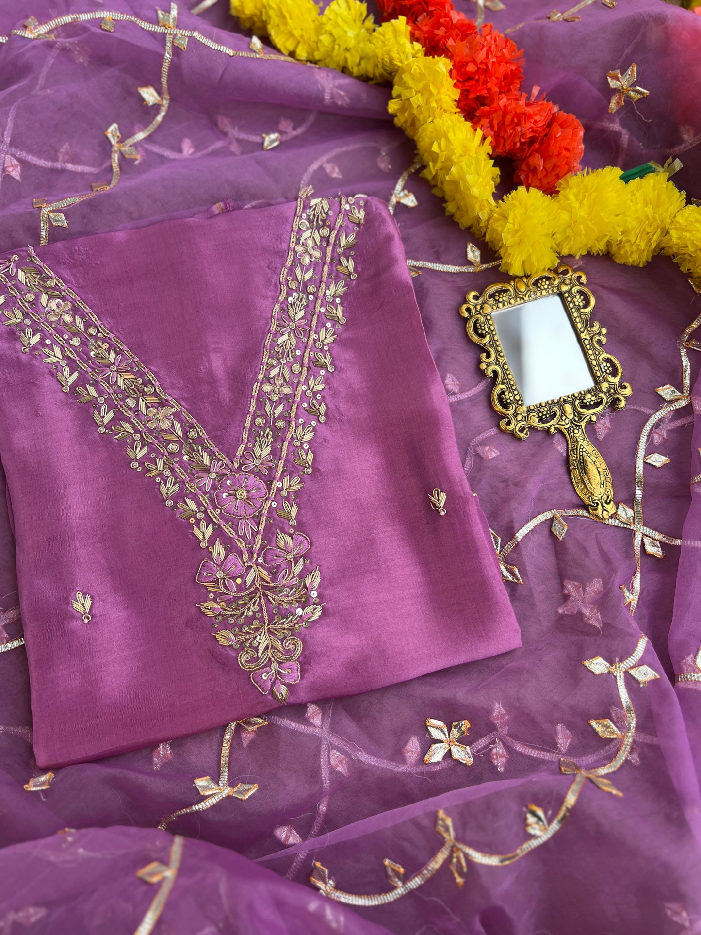 Royal Plum Russian Silk Suit with Handwork & Gota Jaal Dupatta