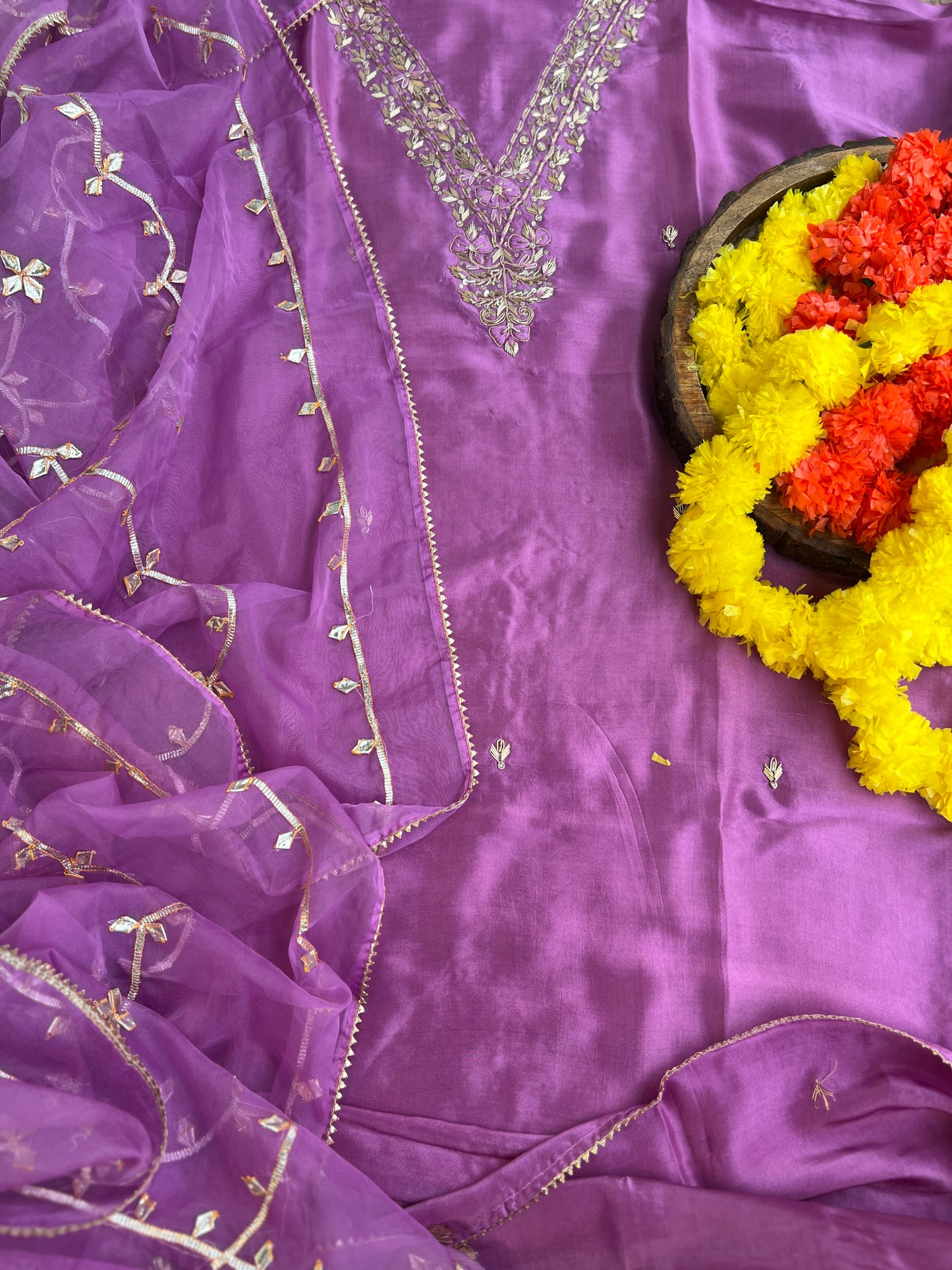Royal Plum Russian Silk Suit with Handwork & Gota Jaal Dupatta