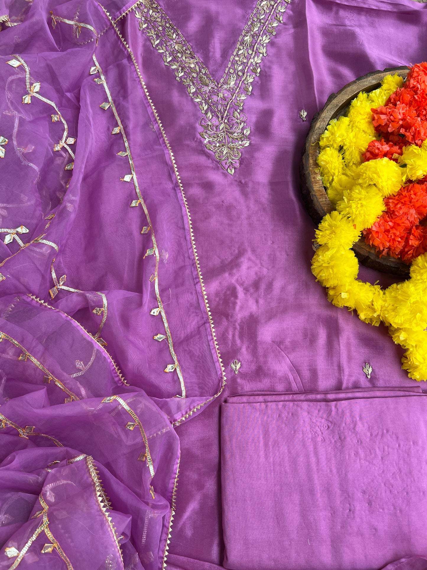 Royal Plum Russian Silk Suit with Handwork & Gota Jaal Dupatta